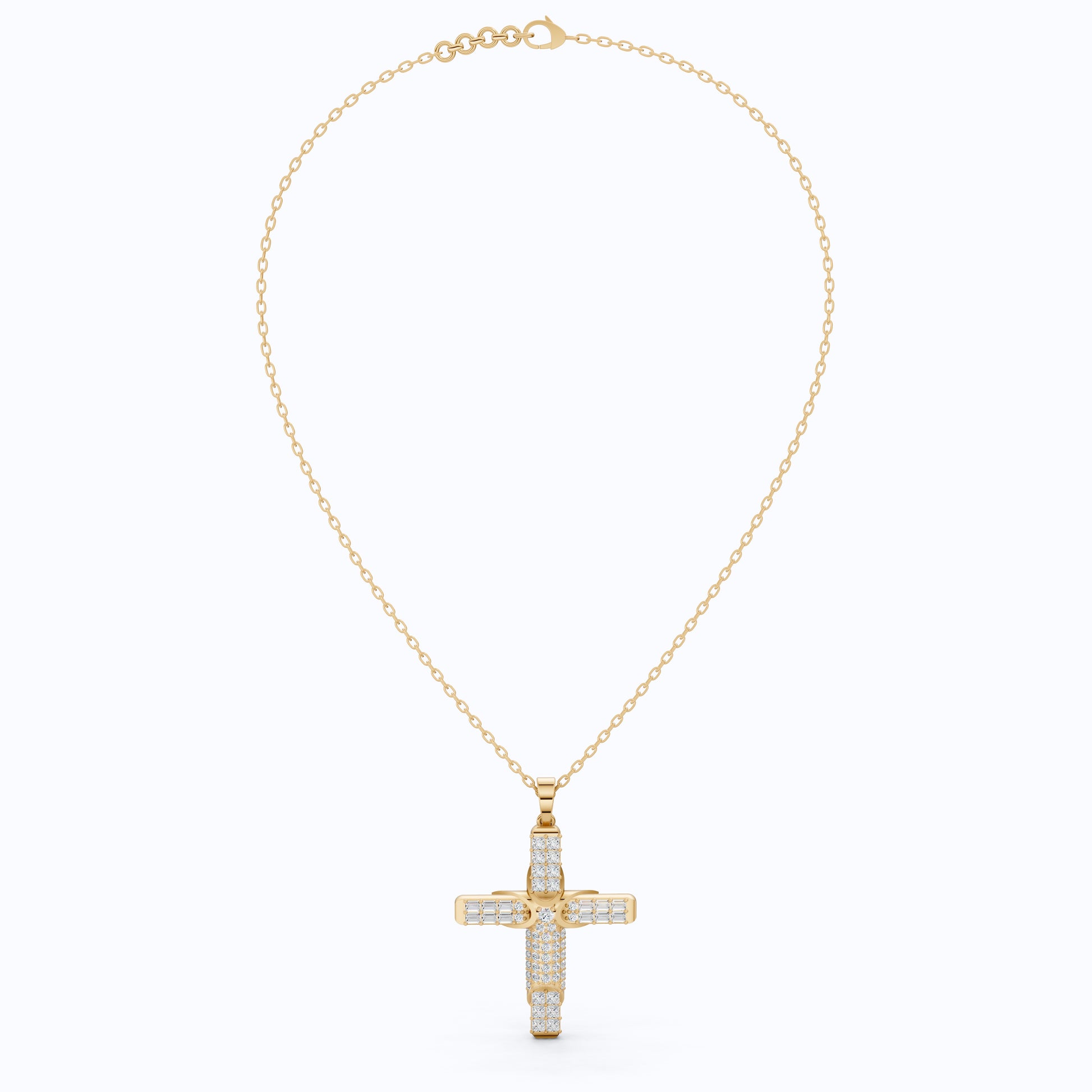Chic Baguette Pavé Halo Cross Pendant in Solid 14k Gold, 1.27 TCW Princess/Baguette/Round  Cut, Fashion Jewelry Gift
