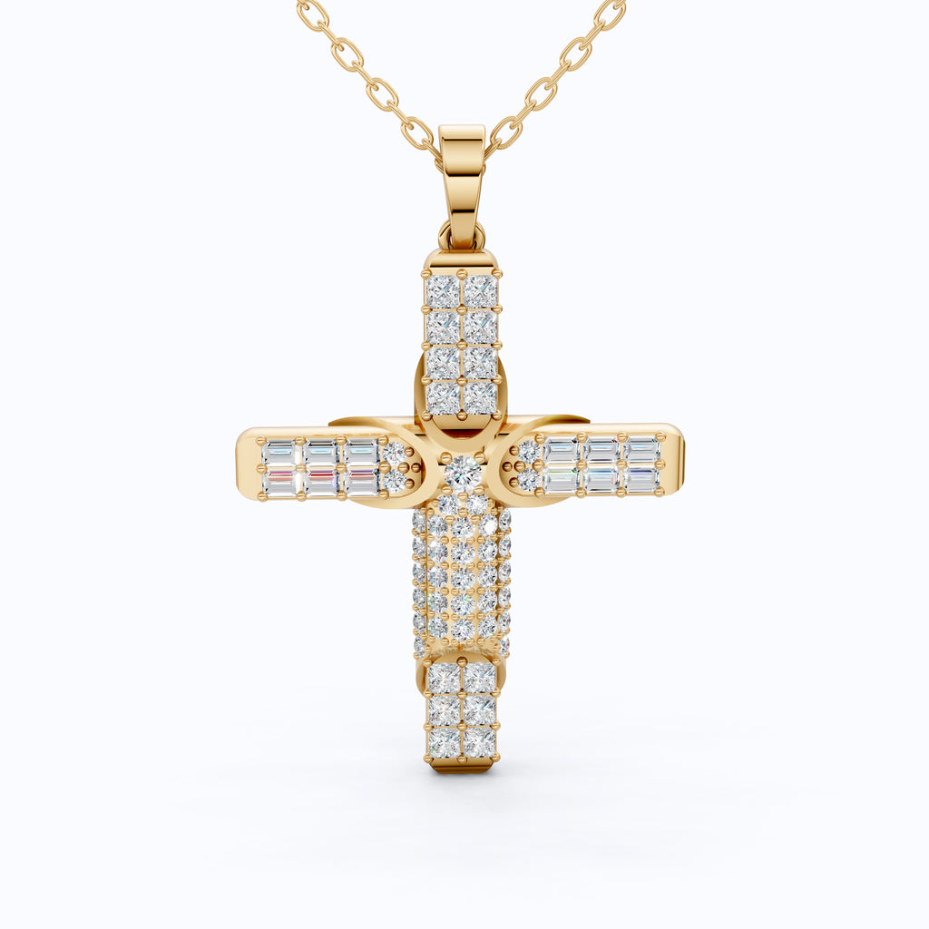 Chic Baguette Pavé Halo Cross Pendant in Solid 14k Gold, 1.27 TCW Princess/Baguette/Round  Cut, Fashion Jewelry Gift