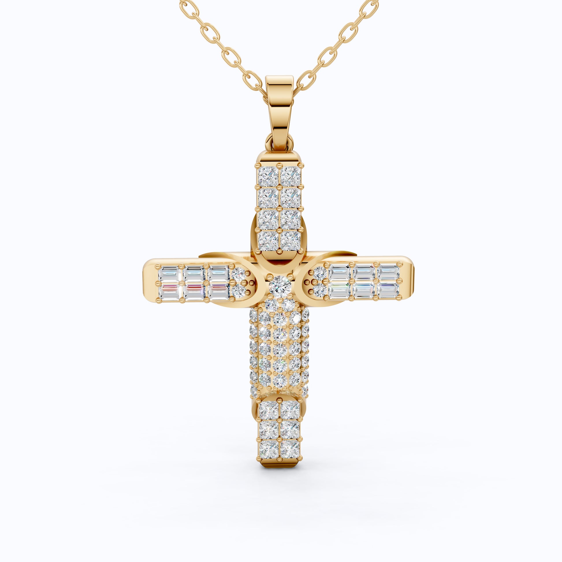 Chic Baguette Pavé Halo Cross Pendant in Solid 14k Gold, 1.27 TCW Princess/Baguette/Round  Cut, Fashion Jewelry Gift