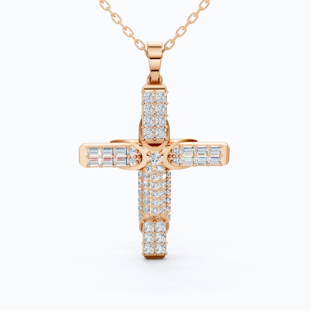 Chic Baguette Pavé Halo Cross Pendant in Solid 14k Gold, 1.27 TCW Princess/Baguette/Round  Cut, Fashion Jewelry Gift