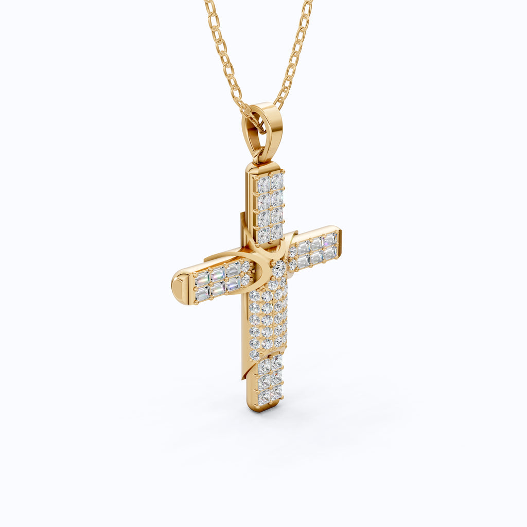 Chic Baguette Pavé Halo Cross Pendant in Solid 14k Gold, 1.27 TCW Princess/Baguette/Round  Cut, Fashion Jewelry Gift