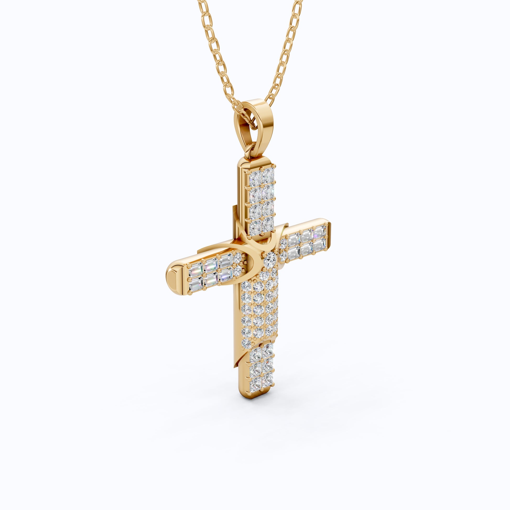 Chic Baguette Pavé Halo Cross Pendant in Solid 14k Gold, 1.27 TCW Princess/Baguette/Round  Cut, Fashion Jewelry Gift