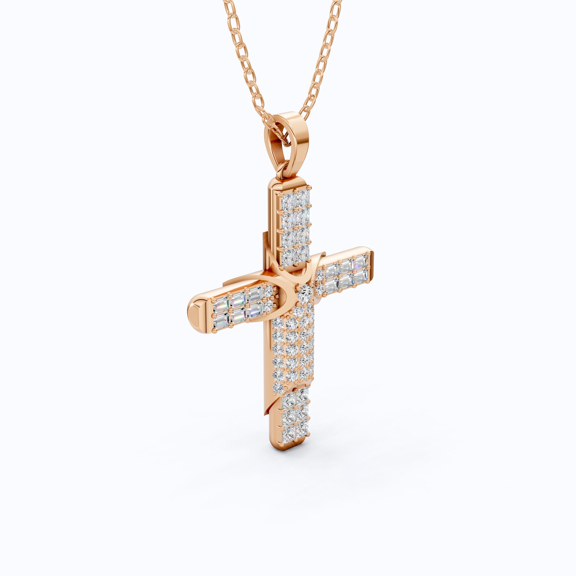 Chic Baguette Pavé Halo Cross Pendant in Solid 14k Gold, 1.27 TCW Princess/Baguette/Round  Cut, Fashion Jewelry Gift