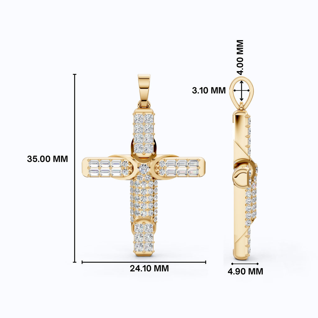 Chic Baguette Pavé Halo Cross Pendant in Solid 14k Gold, 1.27 TCW Princess/Baguette/Round  Cut, Fashion Jewelry Gift