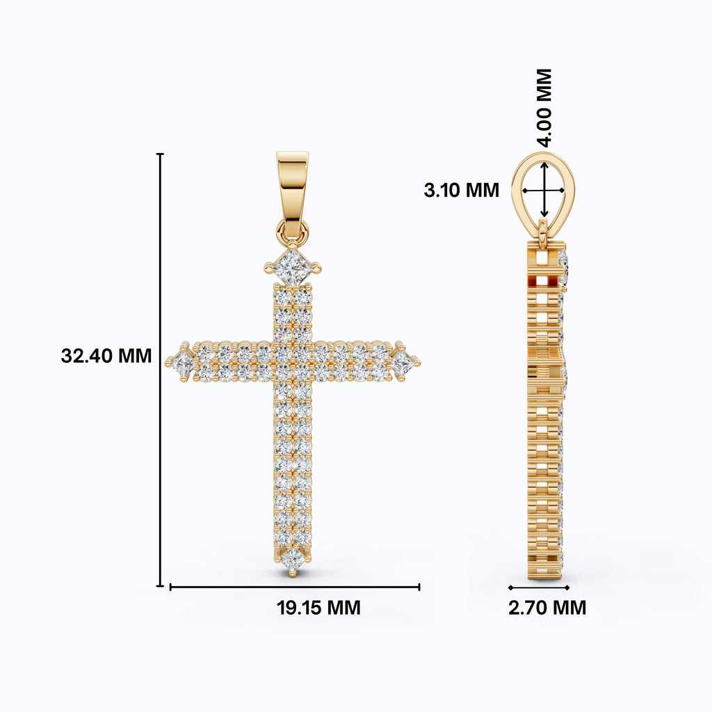 Elegant Pavé Cross Pendant Pendant in 14k Solid Gold, 0.57 TCW Round/Princess Cut Lab Diamonds, Anniversary Gift for Her
