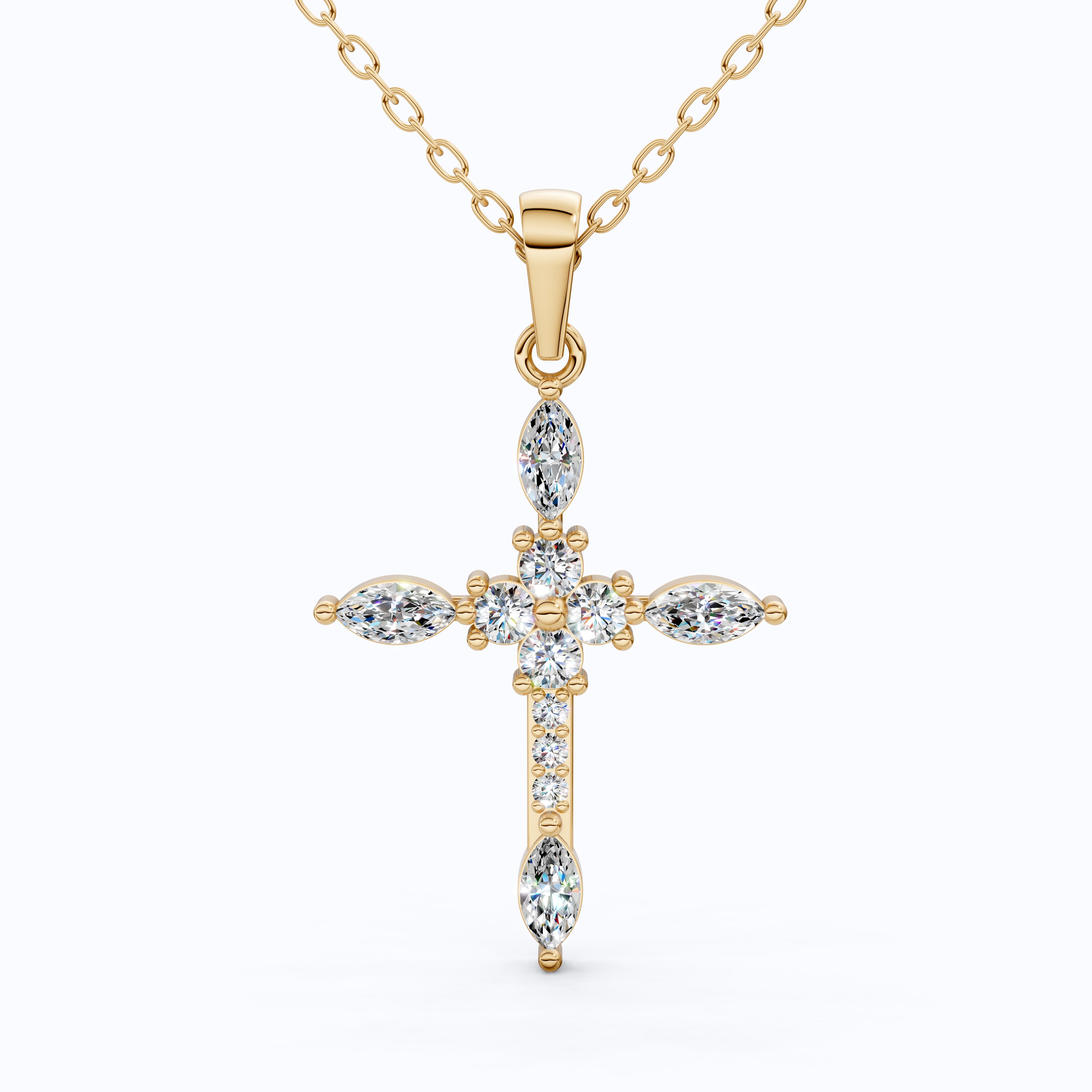 Floral Marquise Cluster Cross Pendant in 14k Solid Gold, 0.71 TCW Marquise/Round Cut Lab Diamonds ,Faith Pendant, Bridal Jewelry, Gift for Women