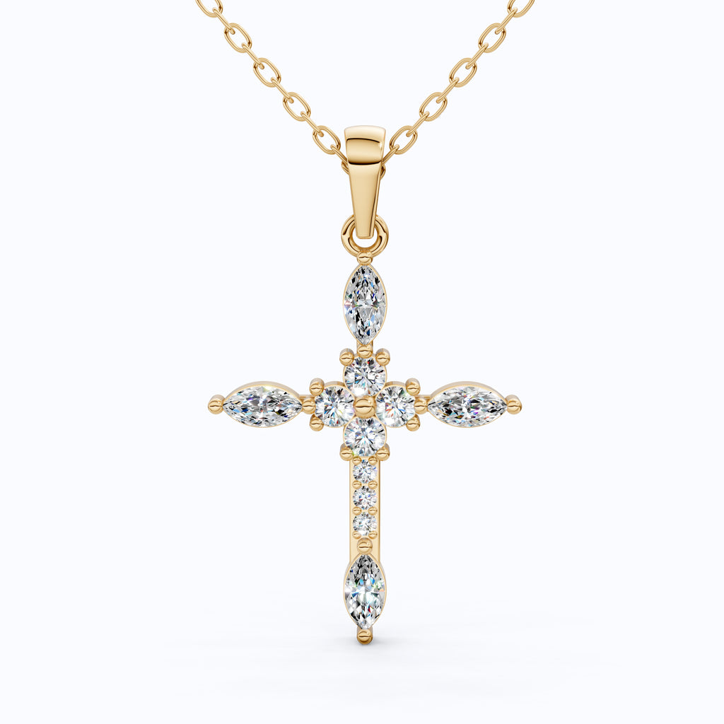 Floral Marquise Cluster Cross Pendant in 14k Solid Gold, 0.71 TCW Marquise/Round Cut Lab Diamonds ,Faith Pendant, Bridal Jewelry, Gift for Women