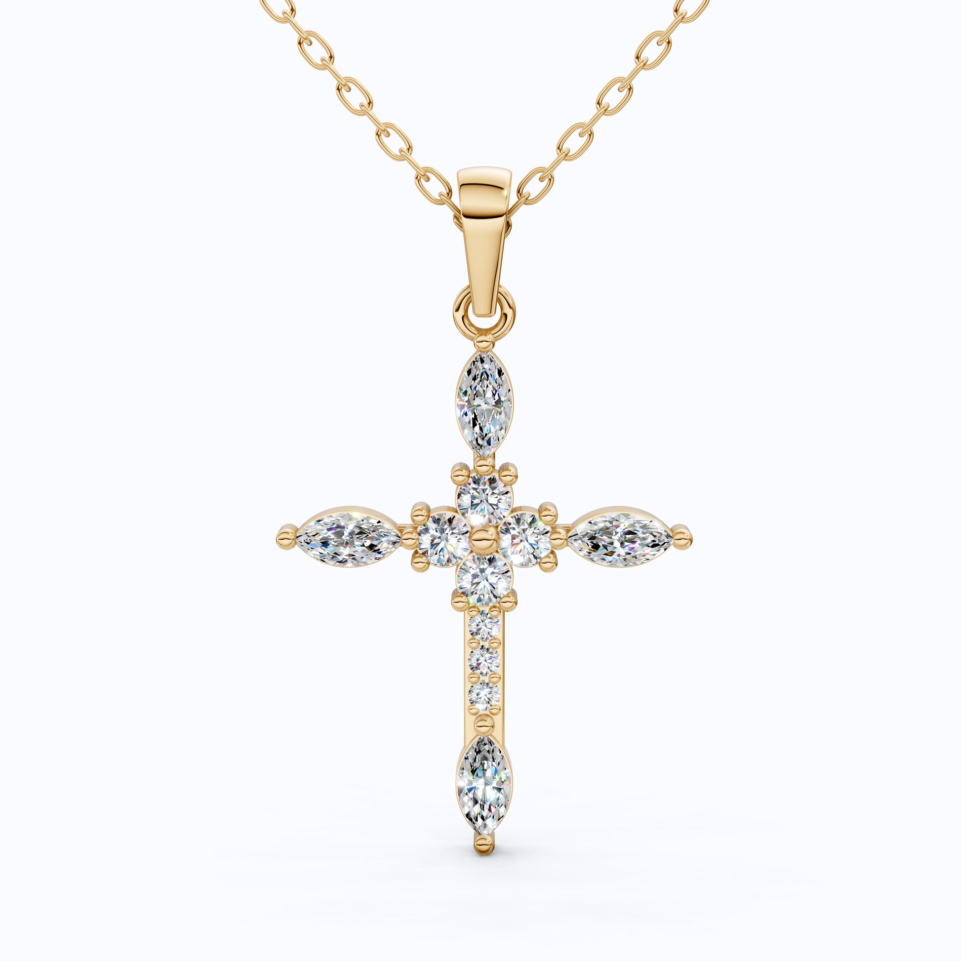 Floral Marquise Cluster Cross Pendant in 14k Solid Gold, 0.71 TCW Marquise/Round Cut Lab Diamonds ,Faith Pendant, Bridal Jewelry, Gift for Women