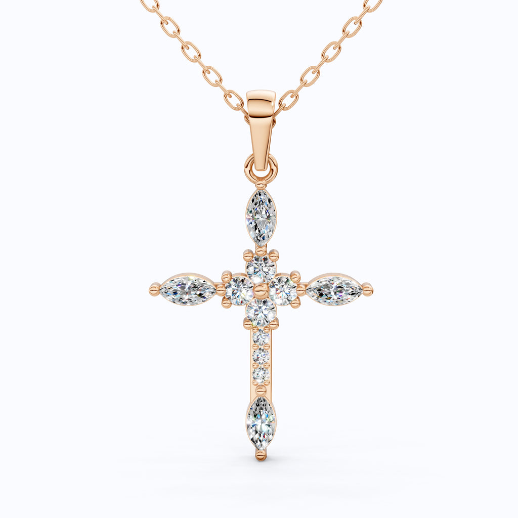Floral Marquise Cluster Cross Pendant in 14k Solid Gold, 0.71 TCW Marquise/Round Cut Lab Diamonds ,Faith Pendant, Bridal Jewelry, Gift for Women