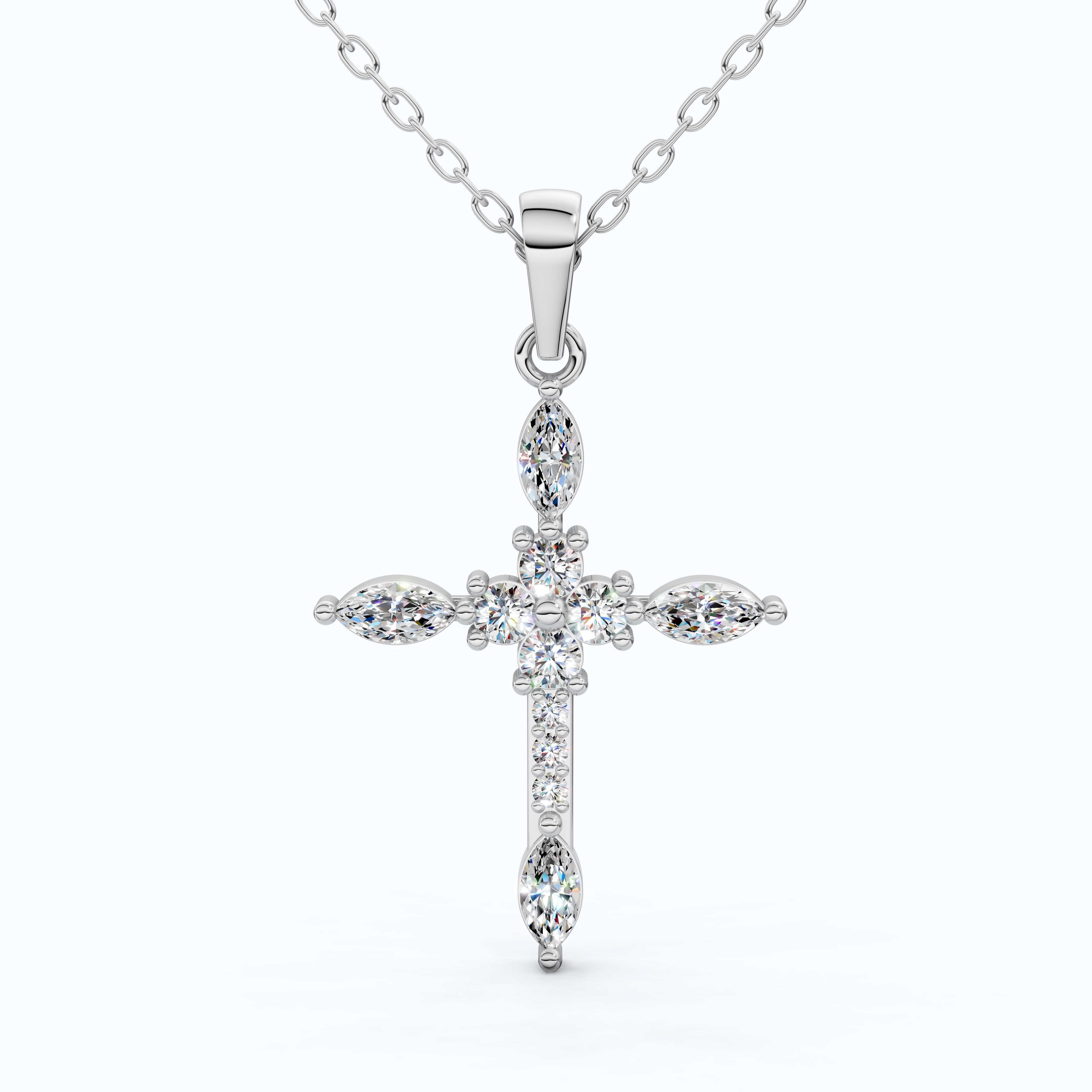 Floral Marquise Cluster Cross Pendant in 14k Solid Gold, 0.71 TCW Marquise/Round Cut Lab Diamonds ,Faith Pendant, Bridal Jewelry, Gift for Women