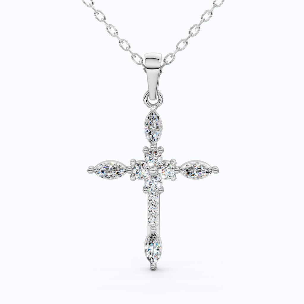 Floral Marquise Cluster Cross Pendant in 14k Solid Gold, 0.71 TCW Marquise/Round Cut Lab Diamonds ,Faith Pendant, Bridal Jewelry, Gift for Women