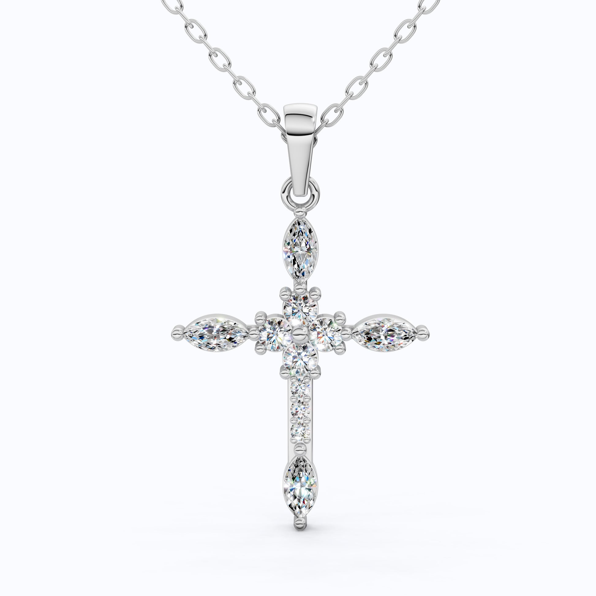 Floral Marquise Cluster Cross Pendant in 14k Solid Gold, 0.71 TCW Marquise/Round Cut Lab Diamonds ,Faith Pendant, Bridal Jewelry, Gift for Women