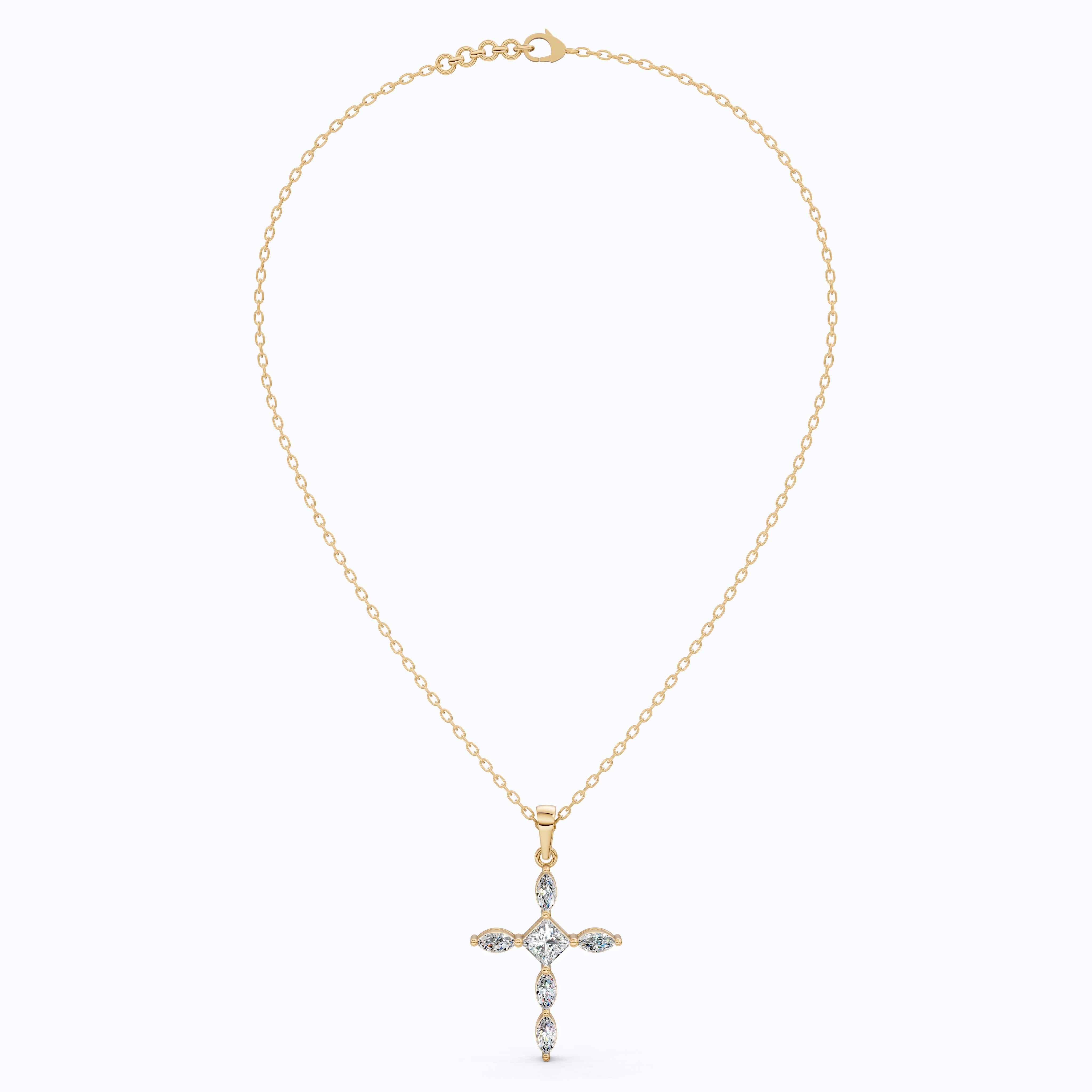 Ornate Cross Pendant in 14k Solid Gold, 1.00 TCW Princess/Marquise Cut Lab Diamonds, Gift for Mom, Confirmation Jewelry