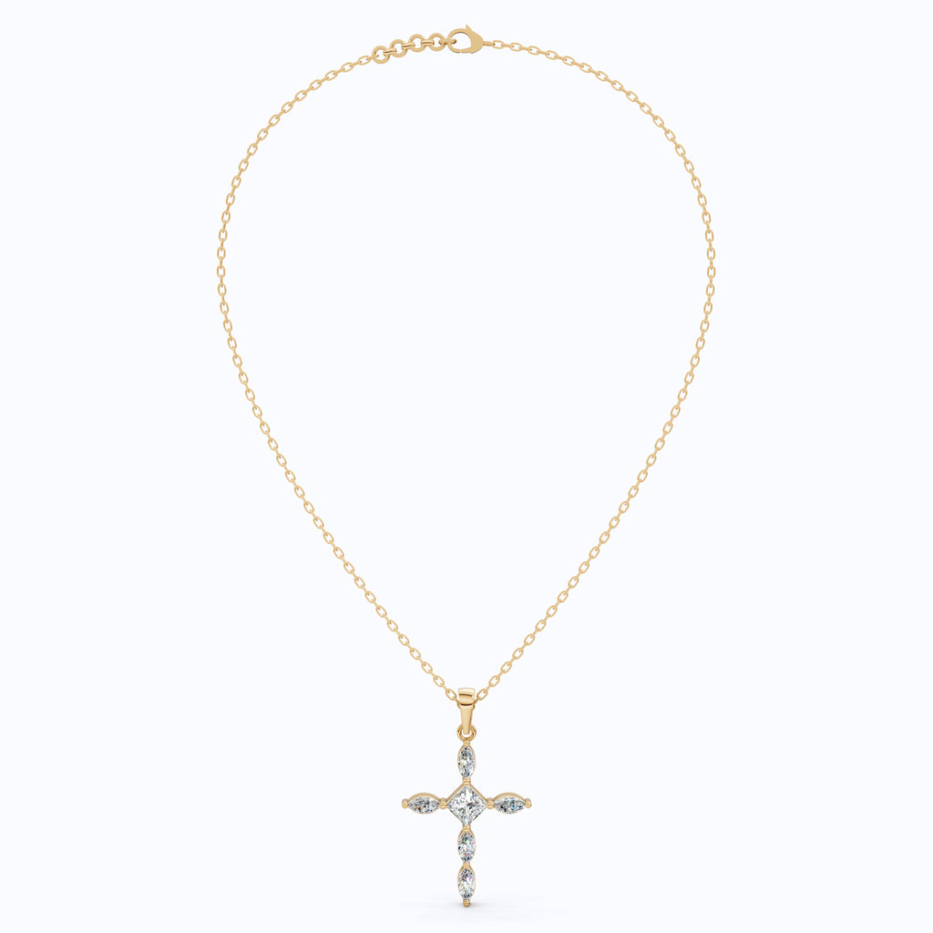 Ornate Cross Pendant in 14k Solid Gold, 1.00 TCW Princess/Marquise Cut Lab Diamonds, Gift for Mom, Confirmation Jewelry