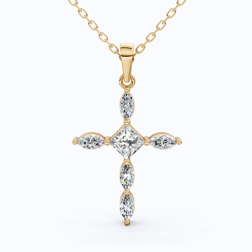 Ornate Cross Pendant in 14k Solid Gold, 1.00 TCW Princess/Marquise Cut Lab Diamonds, Gift for Mom, Confirmation Jewelry