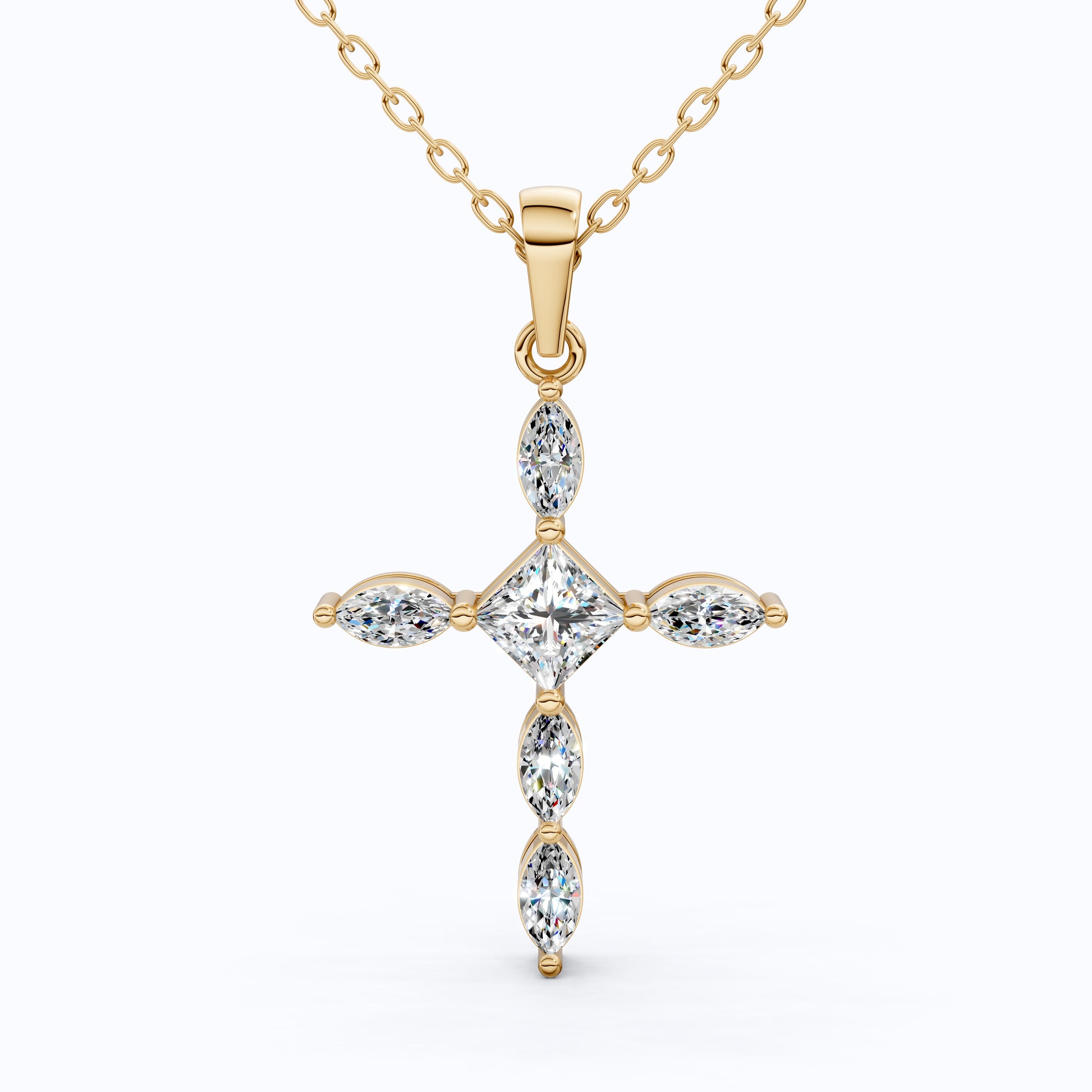 Ornate Cross Pendant in 14k Solid Gold, 1.00 TCW Princess/Marquise Cut Lab Diamonds, Gift for Mom, Confirmation Jewelry