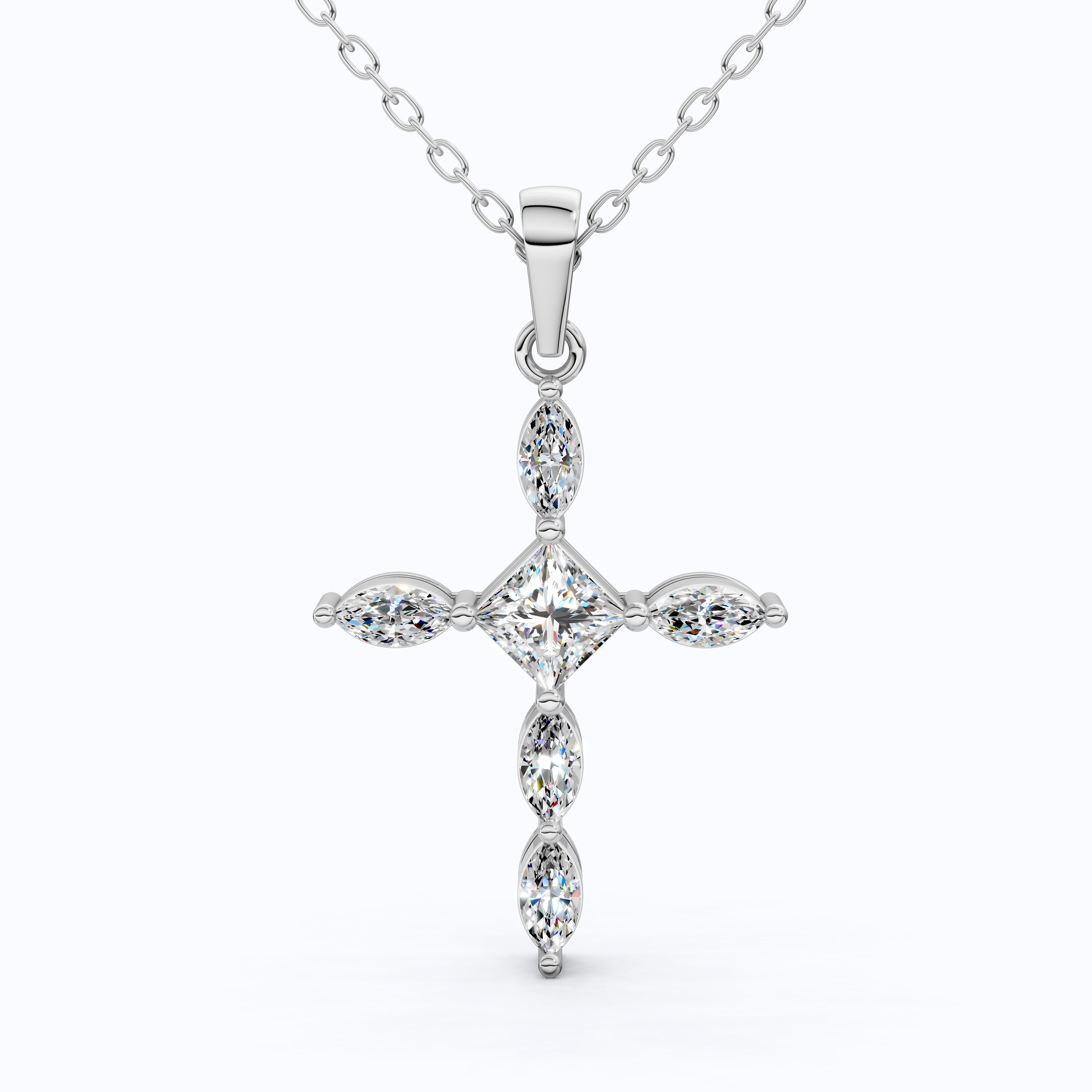 Ornate Cross Pendant in 14k Solid Gold, 1.00 TCW Princess/Marquise Cut Lab Diamonds, Gift for Mom, Confirmation Jewelry