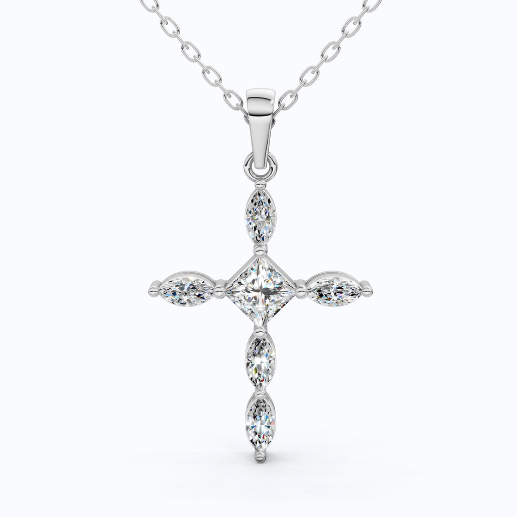 Ornate Cross Pendant in 14k Solid Gold, 1.00 TCW Princess/Marquise Cut Lab Diamonds, Gift for Mom, Confirmation Jewelry