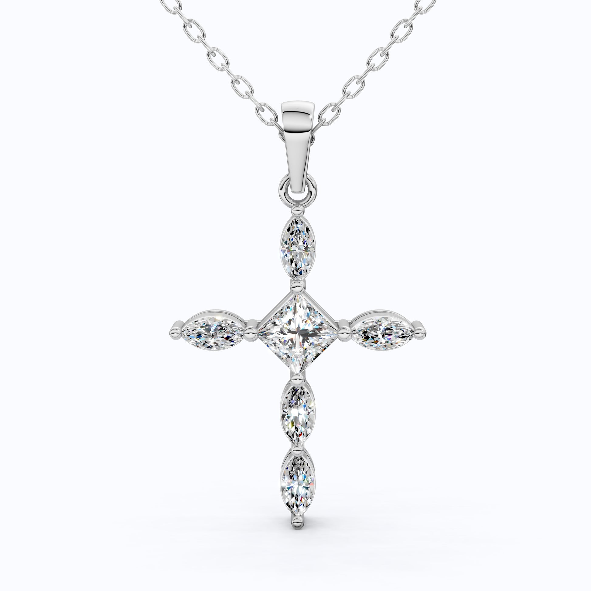 Ornate Cross Pendant in 14k Solid Gold, 1.00 TCW Princess/Marquise Cut Lab Diamonds, Gift for Mom, Confirmation Jewelry