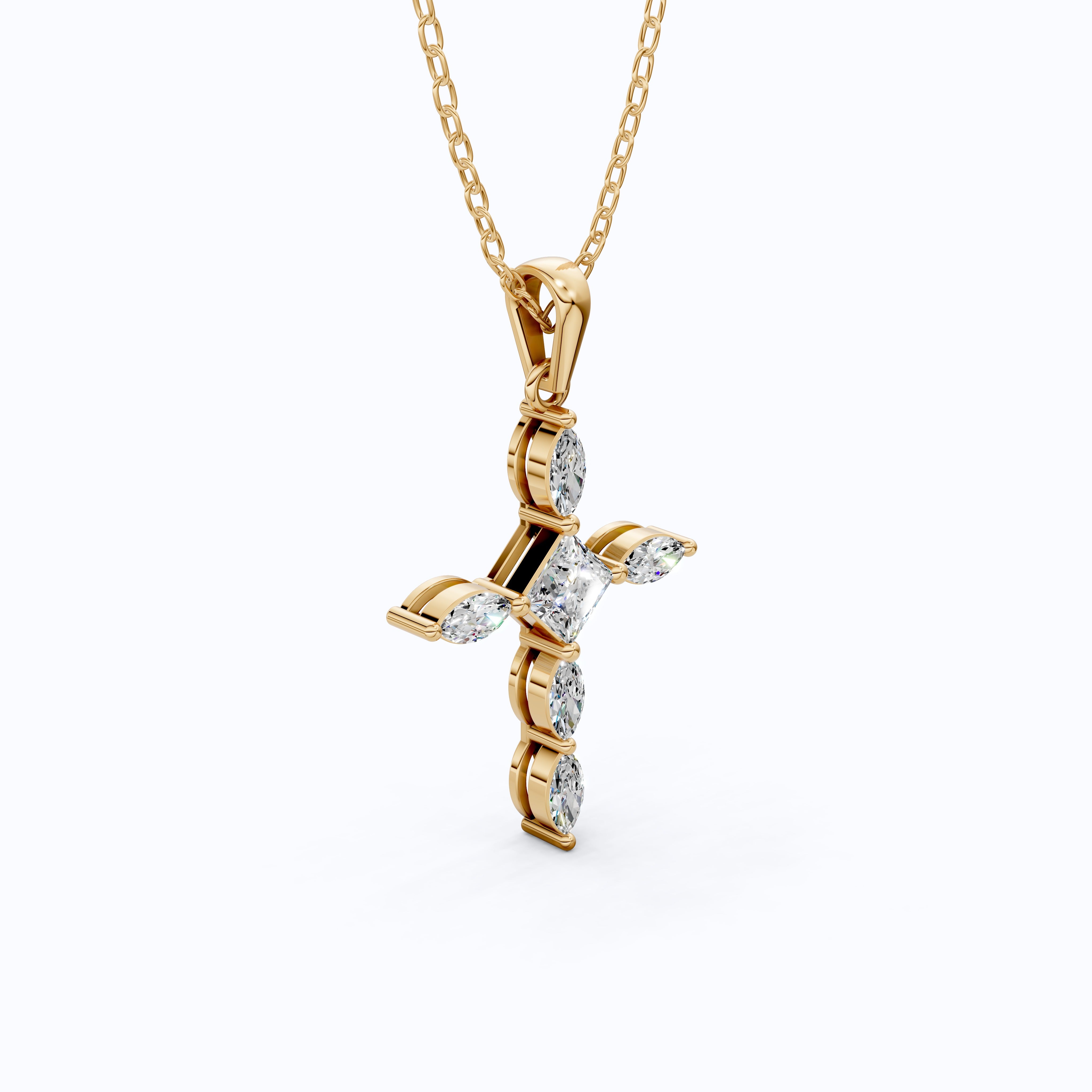 Ornate Cross Pendant in 14k Solid Gold, 1.00 TCW Princess/Marquise Cut Lab Diamonds, Gift for Mom, Confirmation Jewelry