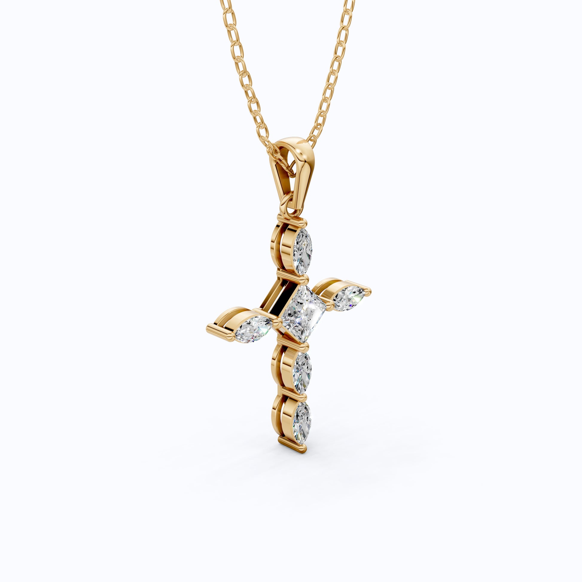 Ornate Cross Pendant in 14k Solid Gold, 1.00 TCW Princess/Marquise Cut Lab Diamonds, Gift for Mom, Confirmation Jewelry