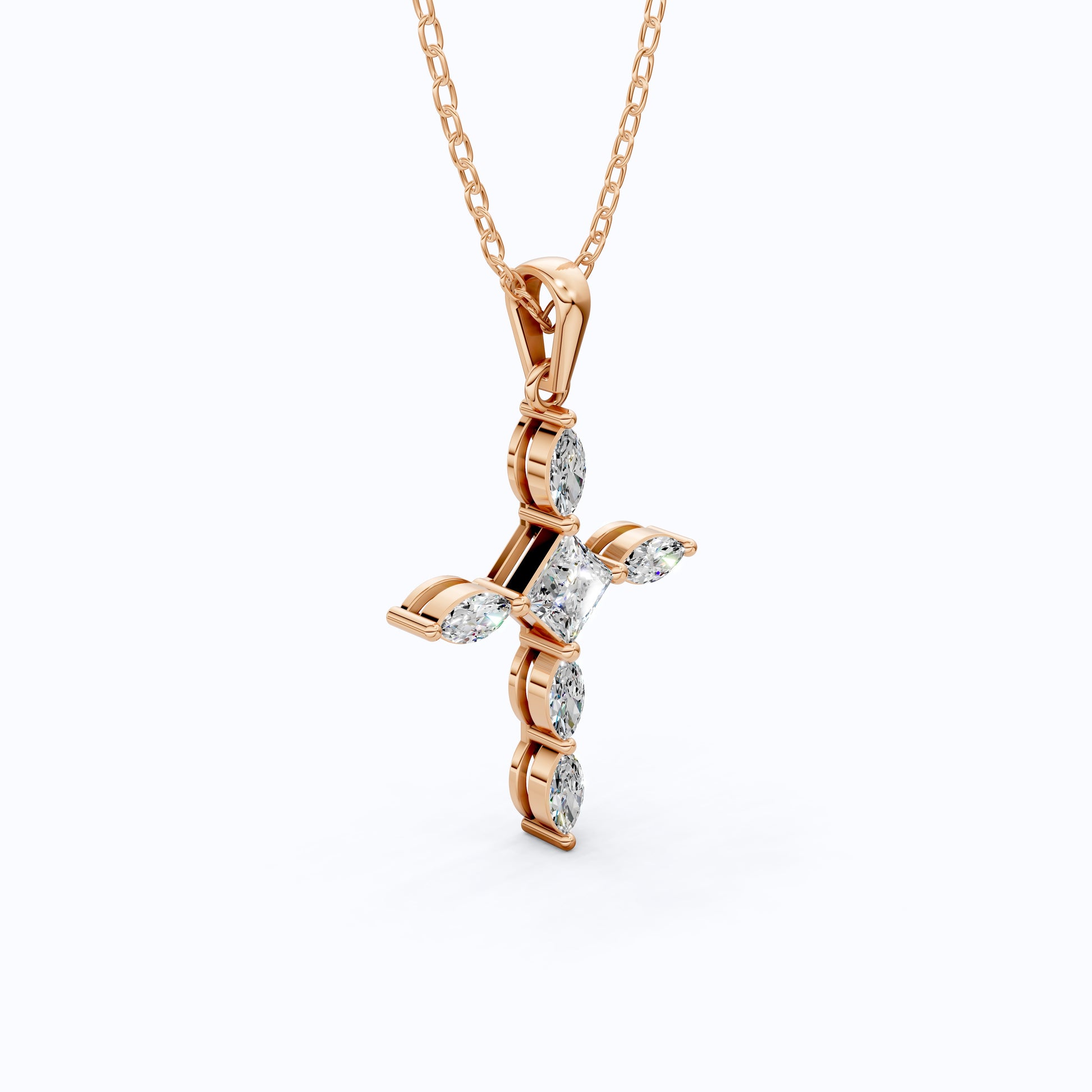 Ornate Cross Pendant in 14k Solid Gold, 1.00 TCW Princess/Marquise Cut Lab Diamonds, Gift for Mom, Confirmation Jewelry