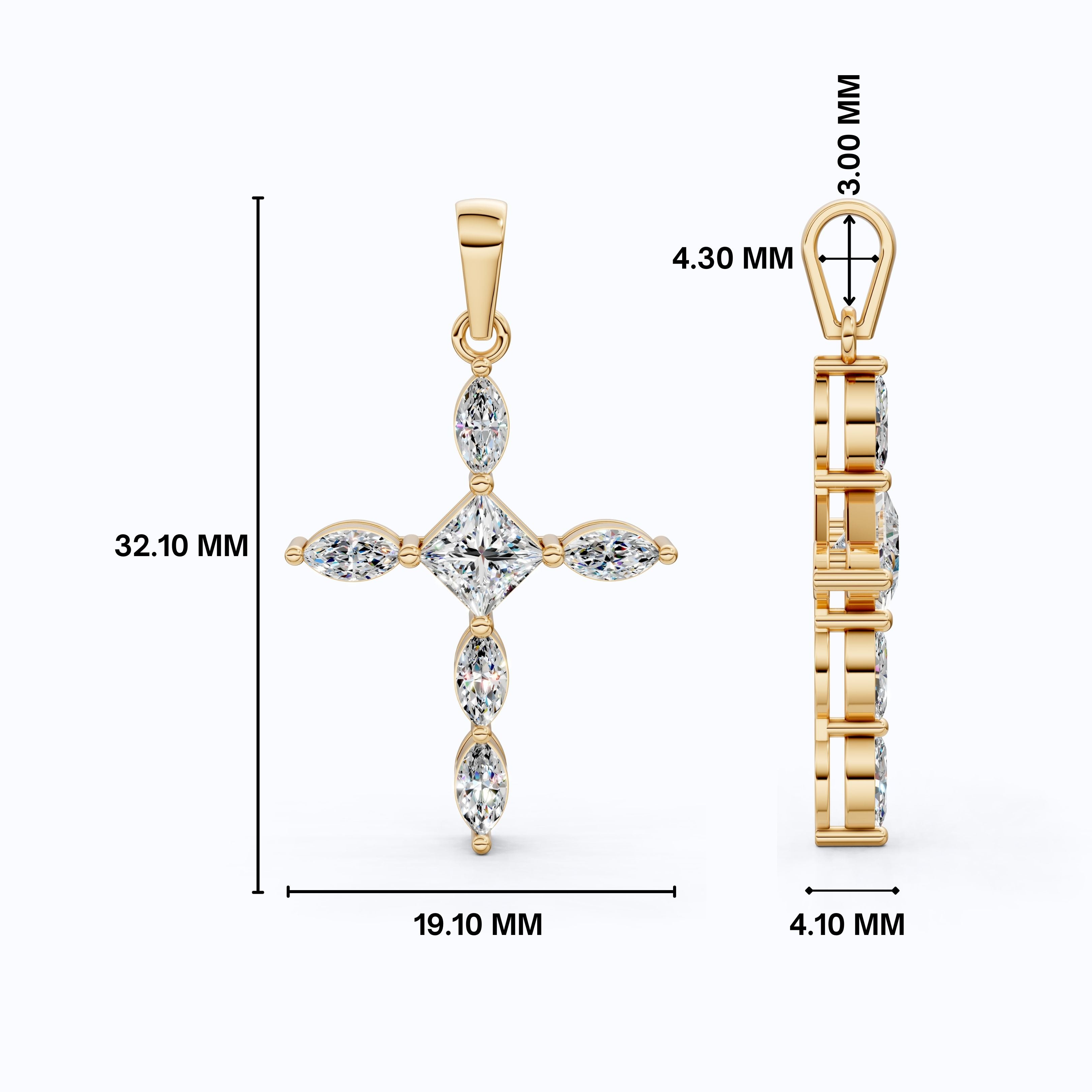 Ornate Cross Pendant in 14k Solid Gold, 1.00 TCW Princess/Marquise Cut Lab Diamonds, Gift for Mom, Confirmation Jewelry