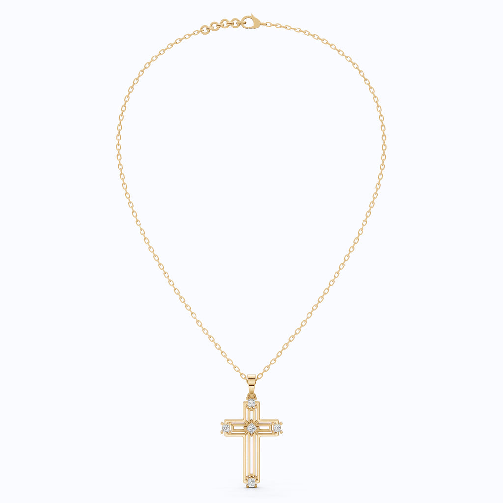 Elegant Layered Cross Pendant in 14K Solid Gold, 0.32 TCW Princess Cut Lab Grown Diamonds, Gift for Mom, Baptism, Bridal Jewelry