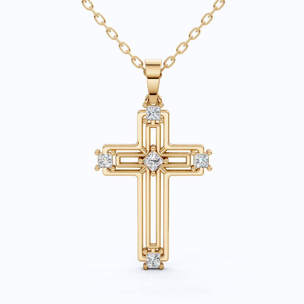 Elegant Layered Cross Pendant in 14K Solid Gold, 0.32 TCW Princess Cut Lab Grown Diamonds, Gift for Mom, Baptism, Bridal Jewelry