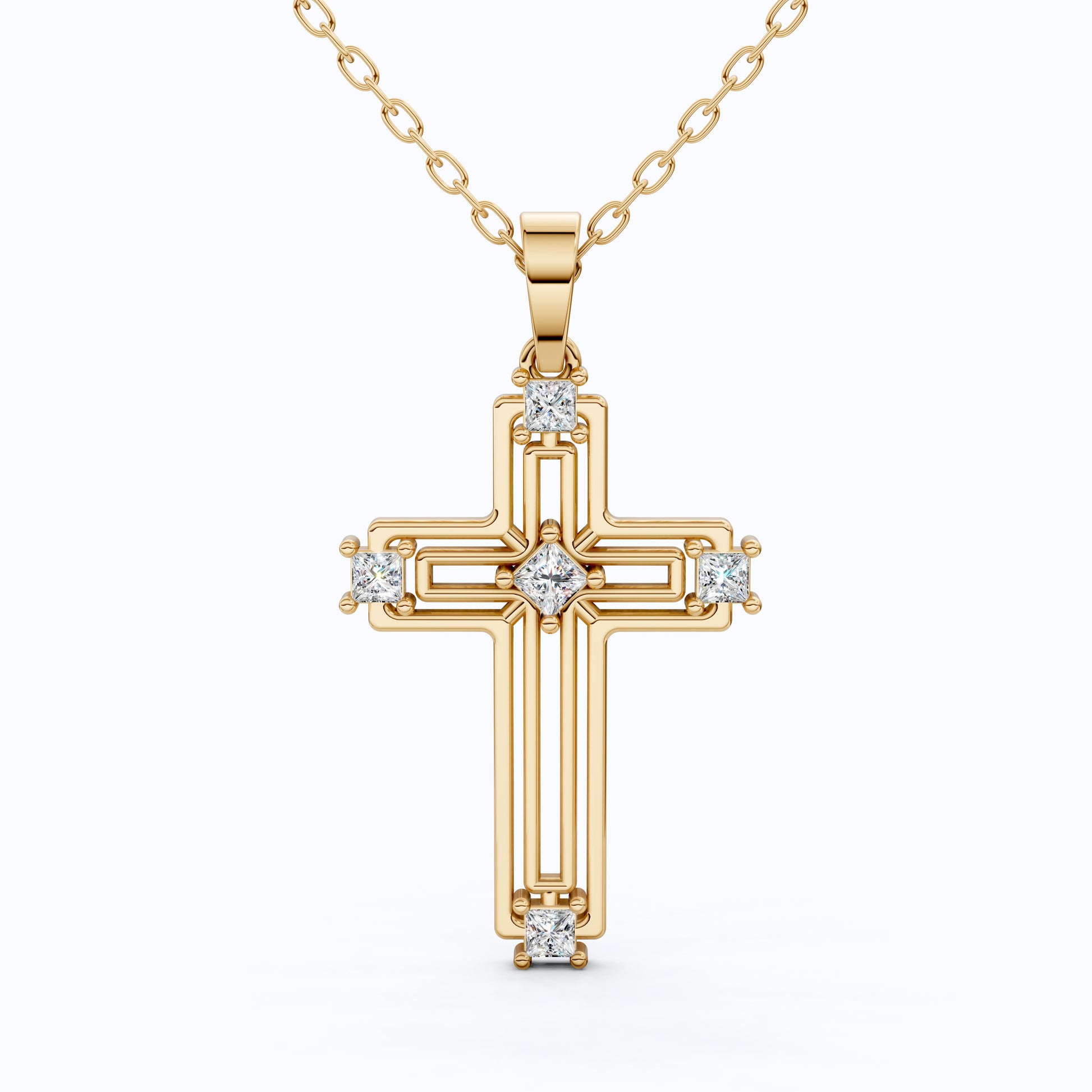 Elegant Layered Cross Pendant in 14K Solid Gold, 0.32 TCW Princess Cut Lab Grown Diamonds, Gift for Mom, Baptism, Bridal Jewelry