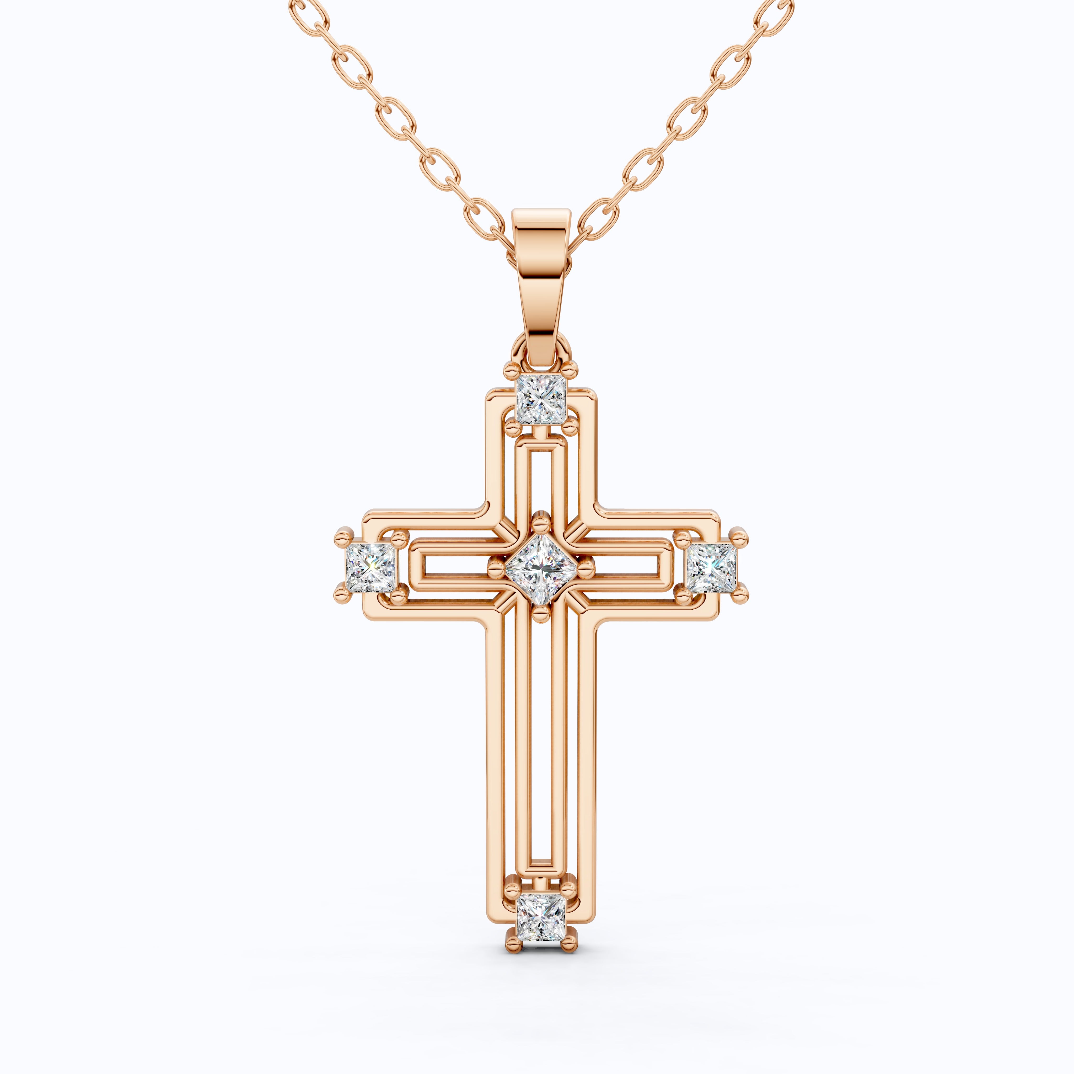Elegant Layered Cross Pendant in 14K Solid Gold, 0.32 TCW Princess Cut Lab Grown Diamonds, Gift for Mom, Baptism, Bridal Jewelry