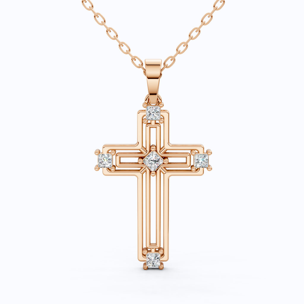 Elegant Layered Cross Pendant in 14K Solid Gold, 0.32 TCW Princess Cut Lab Grown Diamonds, Gift for Mom, Baptism, Bridal Jewelry