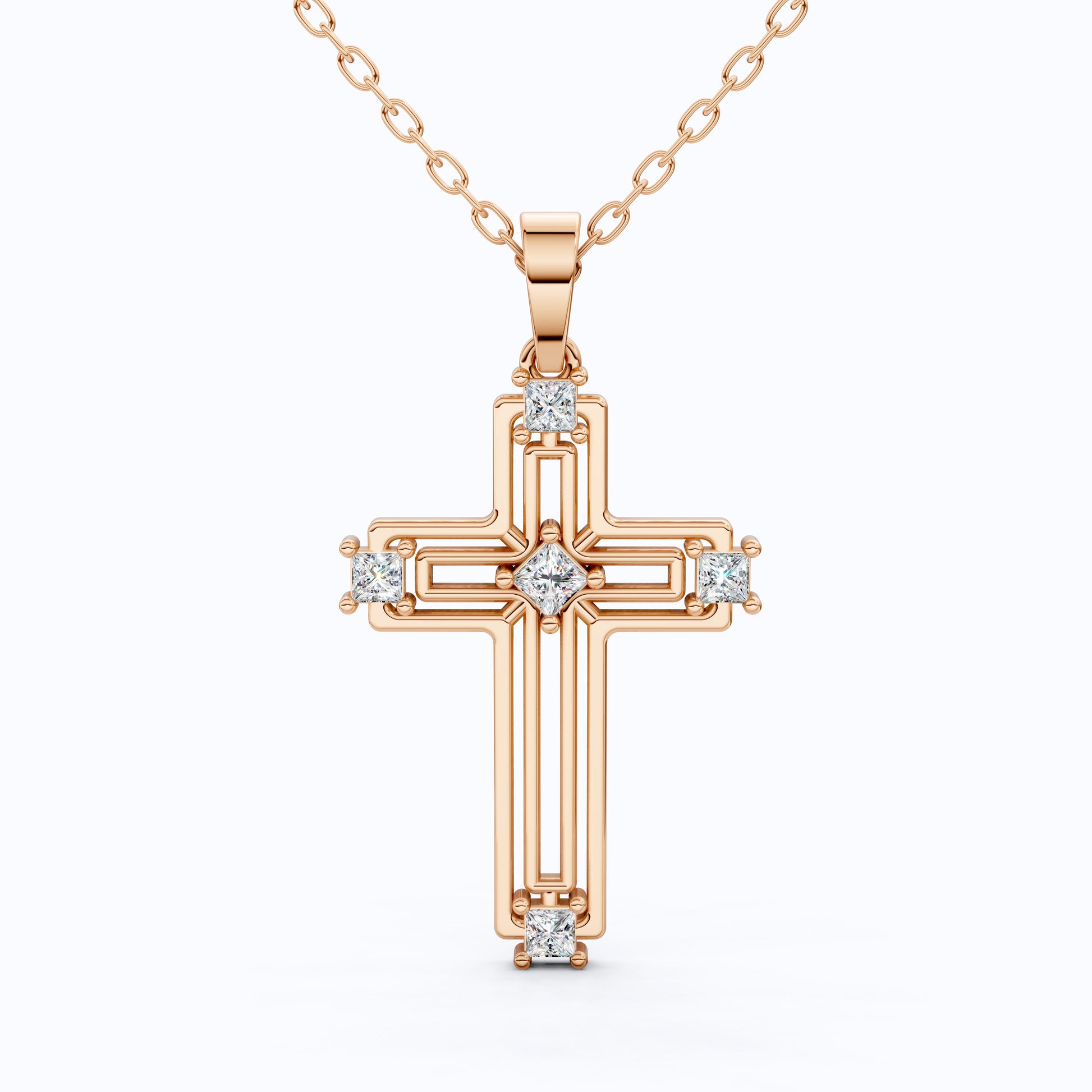 Elegant Layered Cross Pendant in 14K Solid Gold, 0.32 TCW Princess Cut Lab Grown Diamonds, Gift for Mom, Baptism, Bridal Jewelry