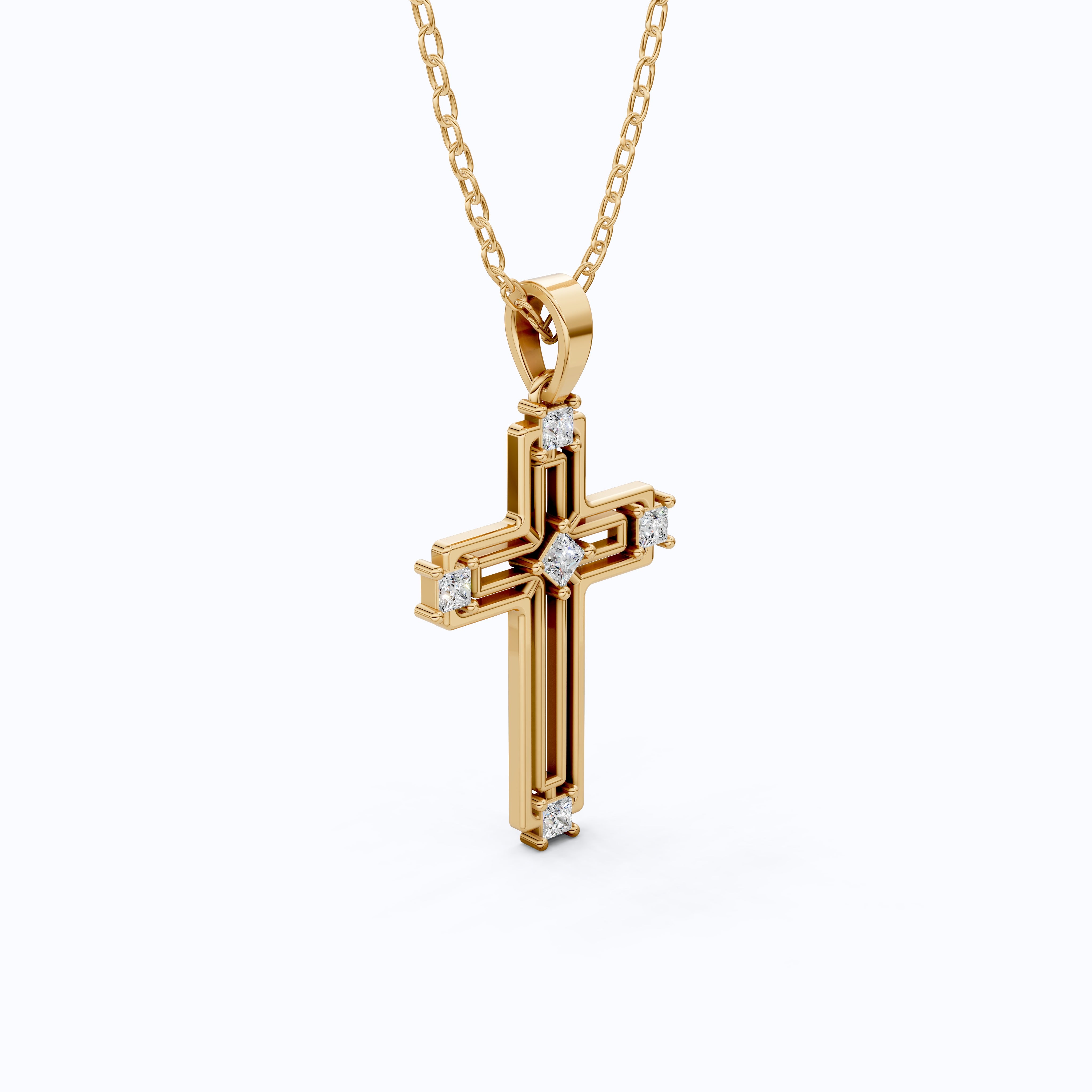 Elegant Layered Cross Pendant in 14K Solid Gold, 0.32 TCW Princess Cut Lab Grown Diamonds, Gift for Mom, Baptism, Bridal Jewelry
