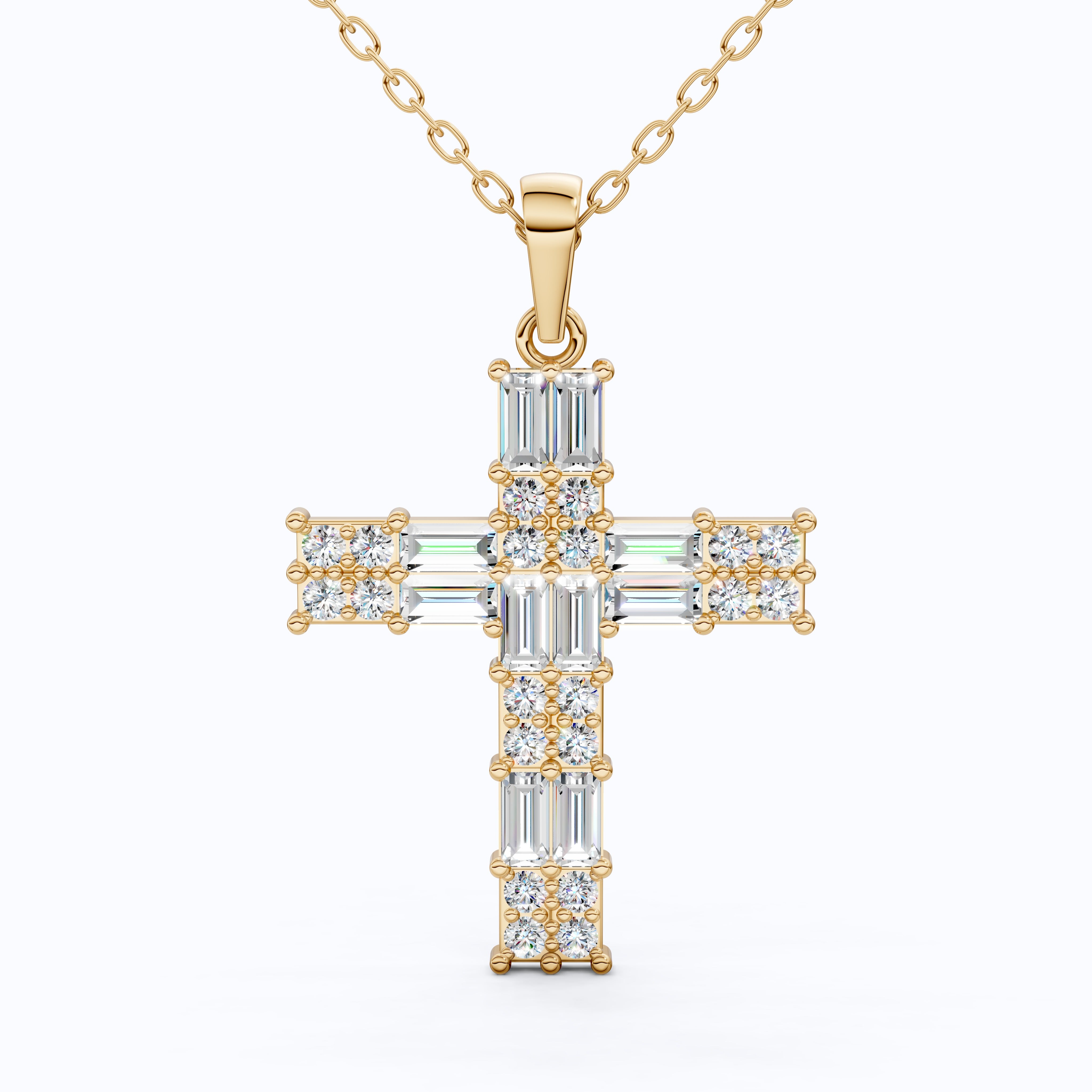 Baguette Cluster Cross Wedding Pendant in 14k Solid Gold, 1.90 TCW Baguette/Round Cut Lab Grown Diamonds, Faith Jewelry, Gift for Her