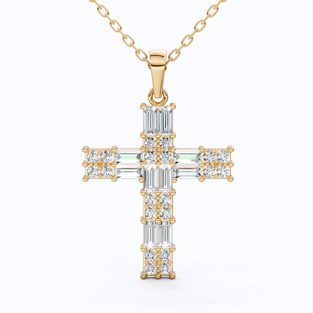 Baguette Cluster Cross Wedding Pendant in 14k Solid Gold, 1.90 TCW Baguette/Round Cut Lab Grown Diamonds, Faith Jewelry, Gift for Her