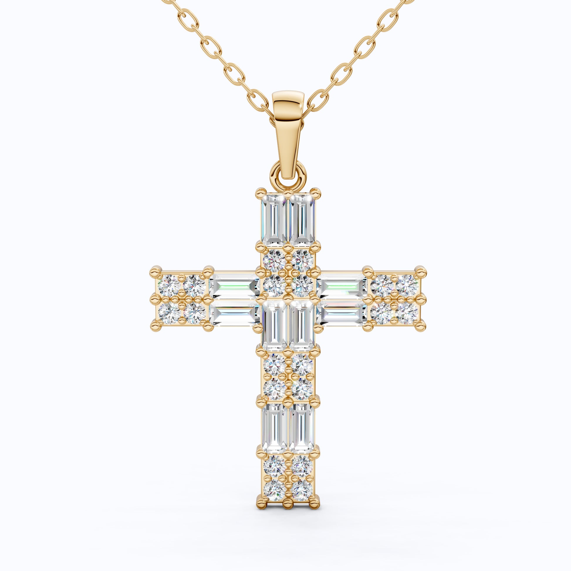 Baguette Cluster Cross Wedding Pendant in 14k Solid Gold, 1.90 TCW Baguette/Round Cut Lab Grown Diamonds, Faith Jewelry, Gift for Her