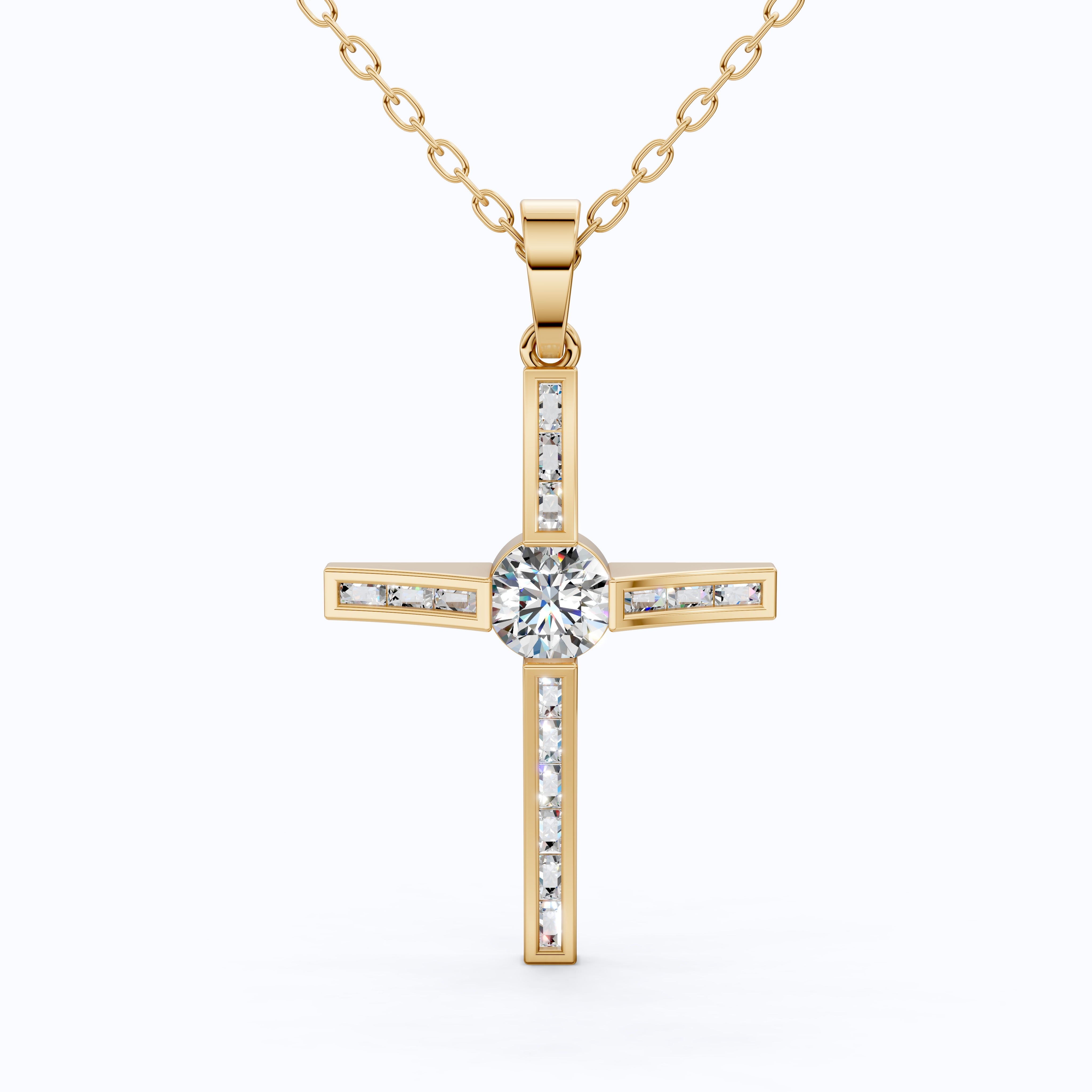 Baguette Channel Set Cross Religious Pendant in 14K Solid Gold, 0.76 TCW Baguette/Round Cut Lab Diamonds, Bridal Jewelry, Everyday Wear Pendant