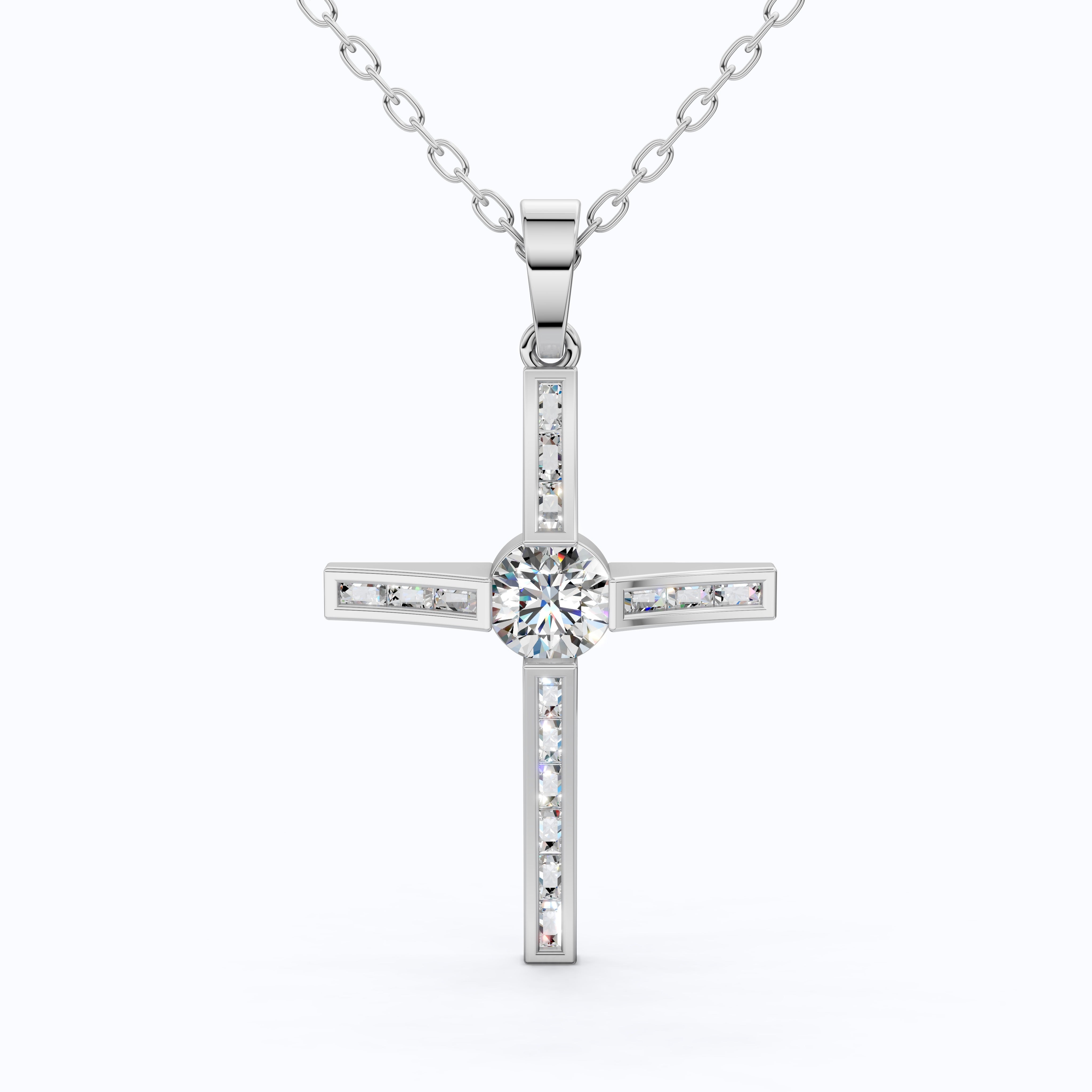 Baguette Channel Set Cross Religious Pendant in 14K Solid Gold, 0.76 TCW Baguette/Round Cut Lab Diamonds, Bridal Jewelry, Everyday Wear Pendant