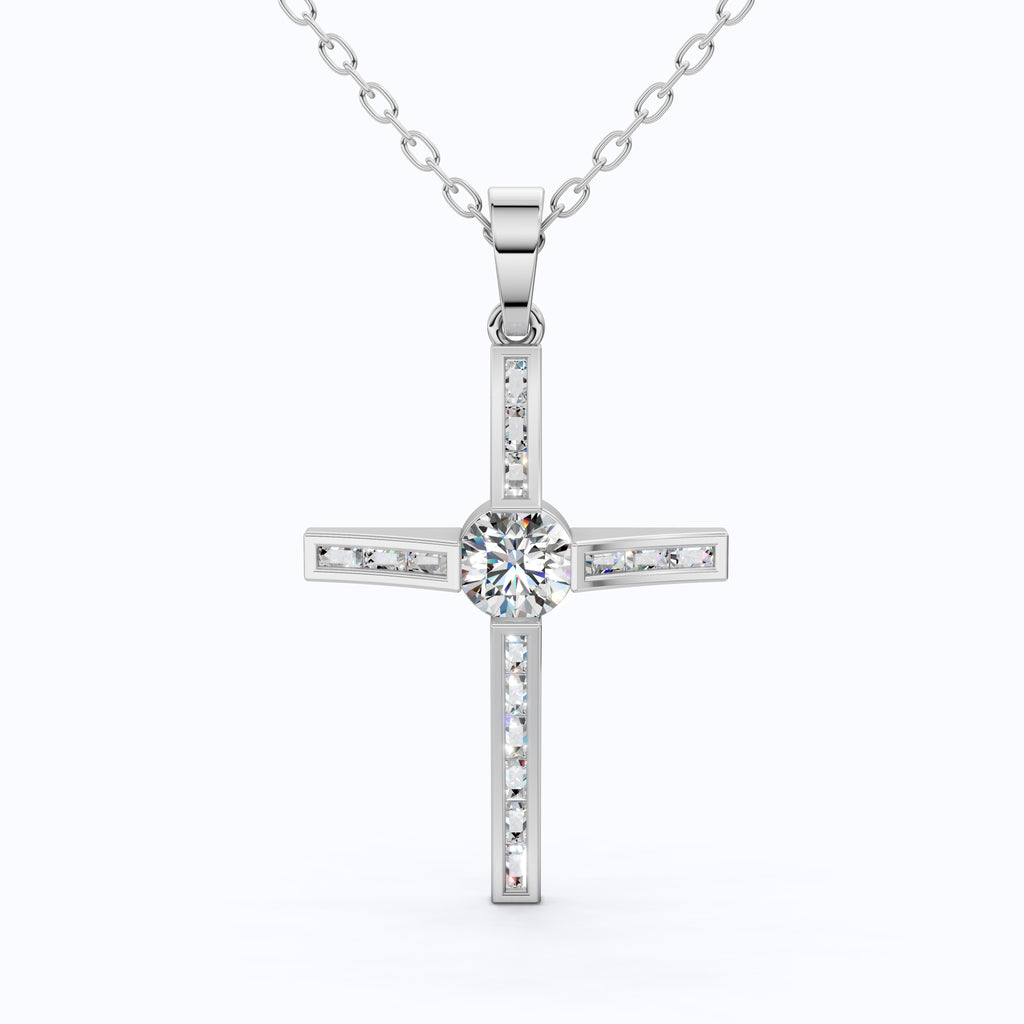 Baguette Channel Set Cross Religious Pendant in 14K Solid Gold, 0.76 TCW Baguette/Round Cut Lab Diamonds, Bridal Jewelry, Everyday Wear Pendant