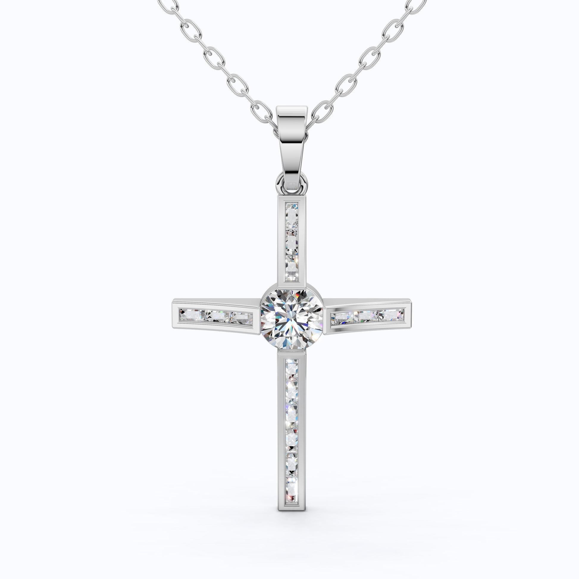 Baguette Channel Set Cross Religious Pendant in 14K Solid Gold, 0.76 TCW Baguette/Round Cut Lab Diamonds, Bridal Jewelry, Everyday Wear Pendant