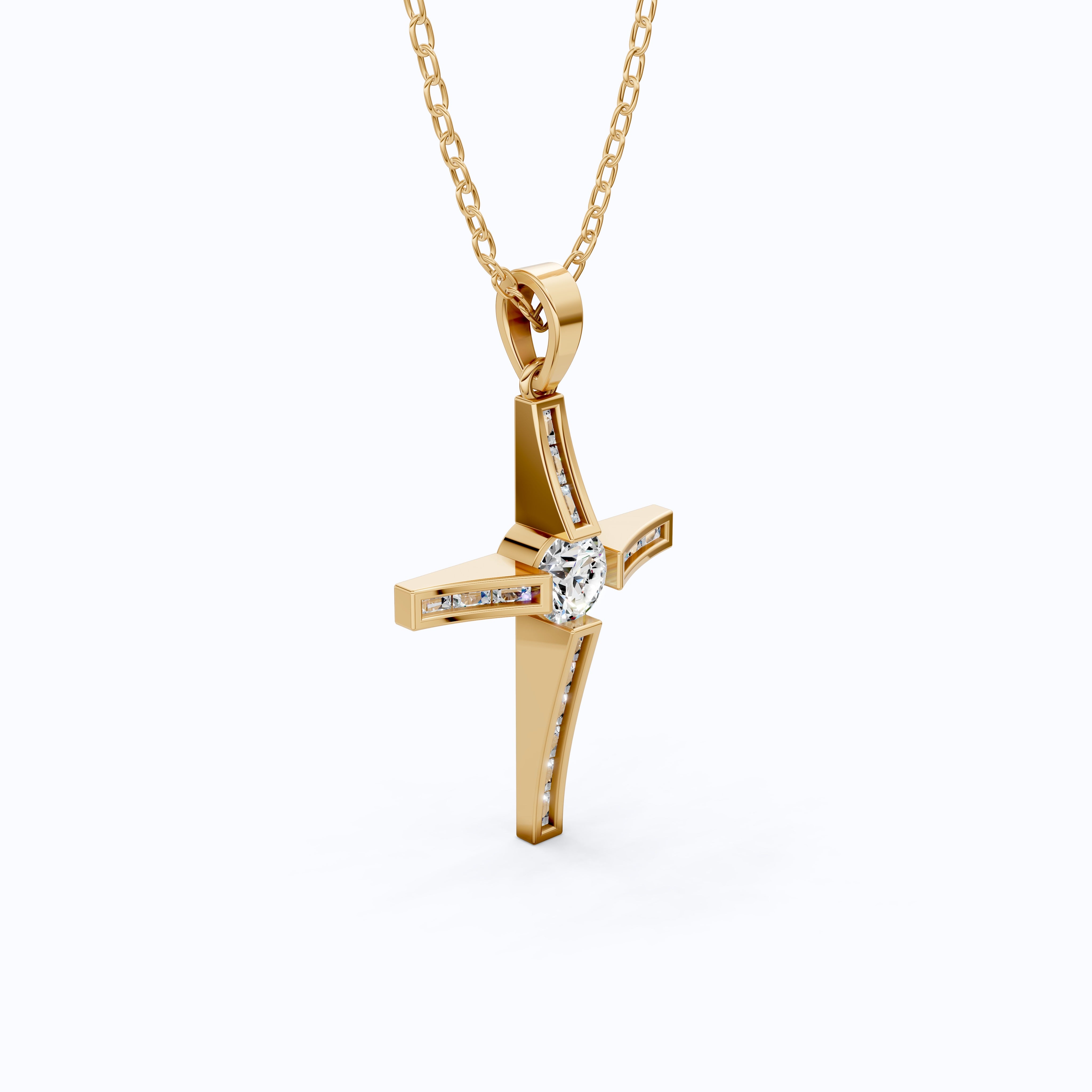 Baguette Channel Set Cross Religious Pendant in 14K Solid Gold, 0.76 TCW Baguette/Round Cut Lab Diamonds, Bridal Jewelry, Everyday Wear Pendant