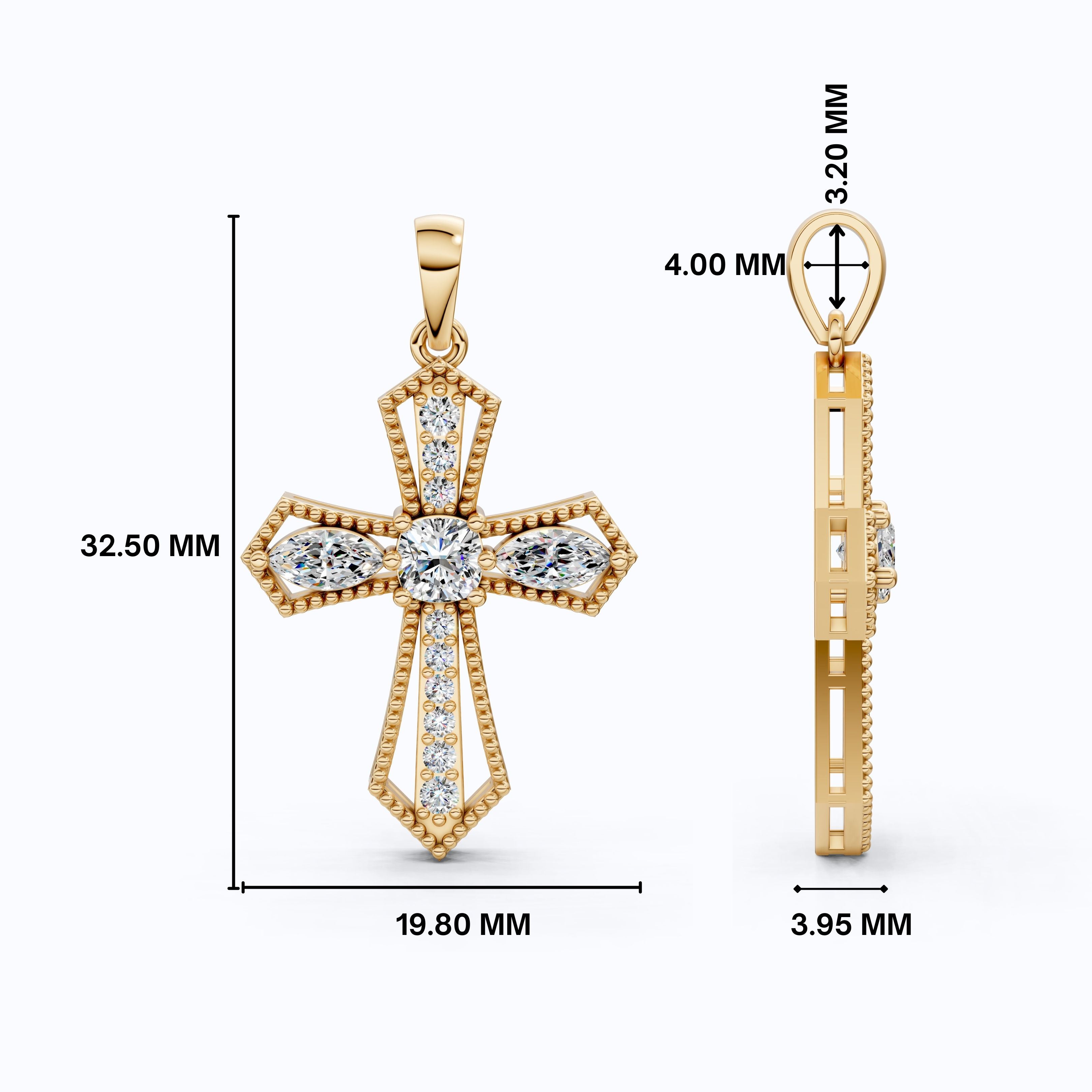 Elegant Milgrain Cross Pendant in 14K Solid Gold, 0.99 TCW Marquise/Round Cut Lab Created Diamonds, Faith Jewelry, Baptism Gift