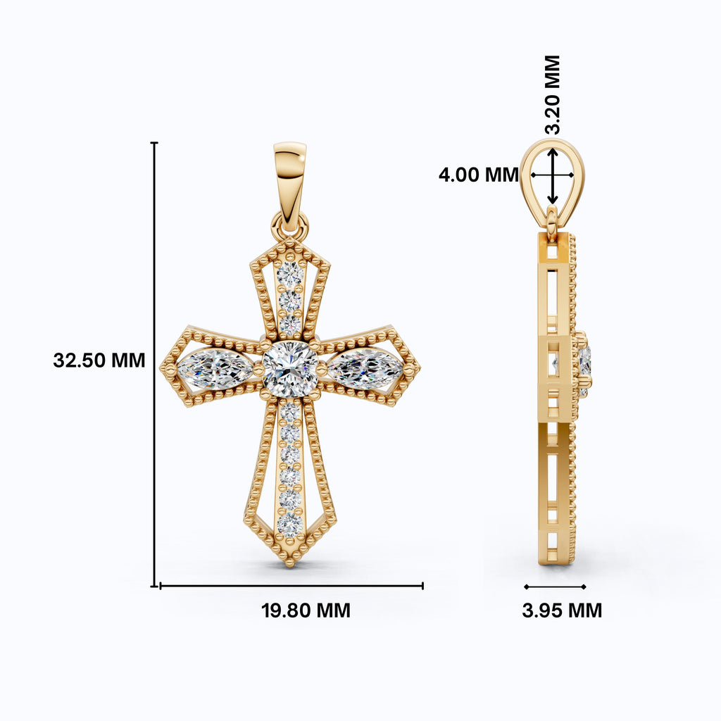Elegant Milgrain Cross Pendant in 14K Solid Gold, 0.99 TCW Marquise/Round Cut Lab Created Diamonds, Faith Jewelry, Baptism Gift