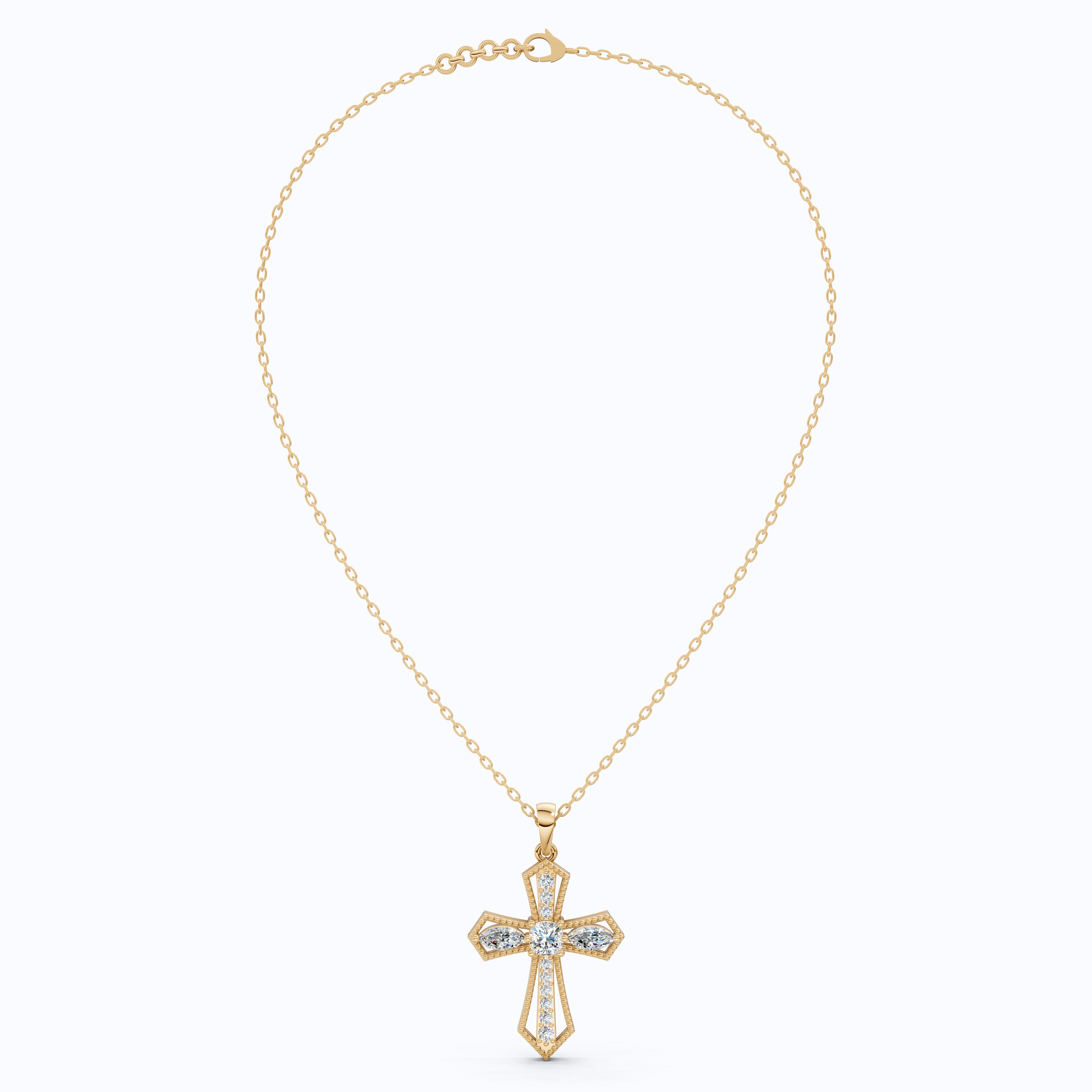 Elegant Milgrain Cross Pendant in 14K Solid Gold, 0.99 TCW Marquise/Round Cut Lab Created Diamonds, Faith Jewelry, Baptism Gift