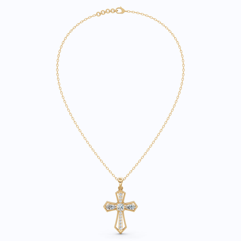 Elegant Milgrain Cross Pendant in 14K Solid Gold, 0.99 TCW Marquise/Round Cut Lab Created Diamonds, Faith Jewelry, Baptism Gift