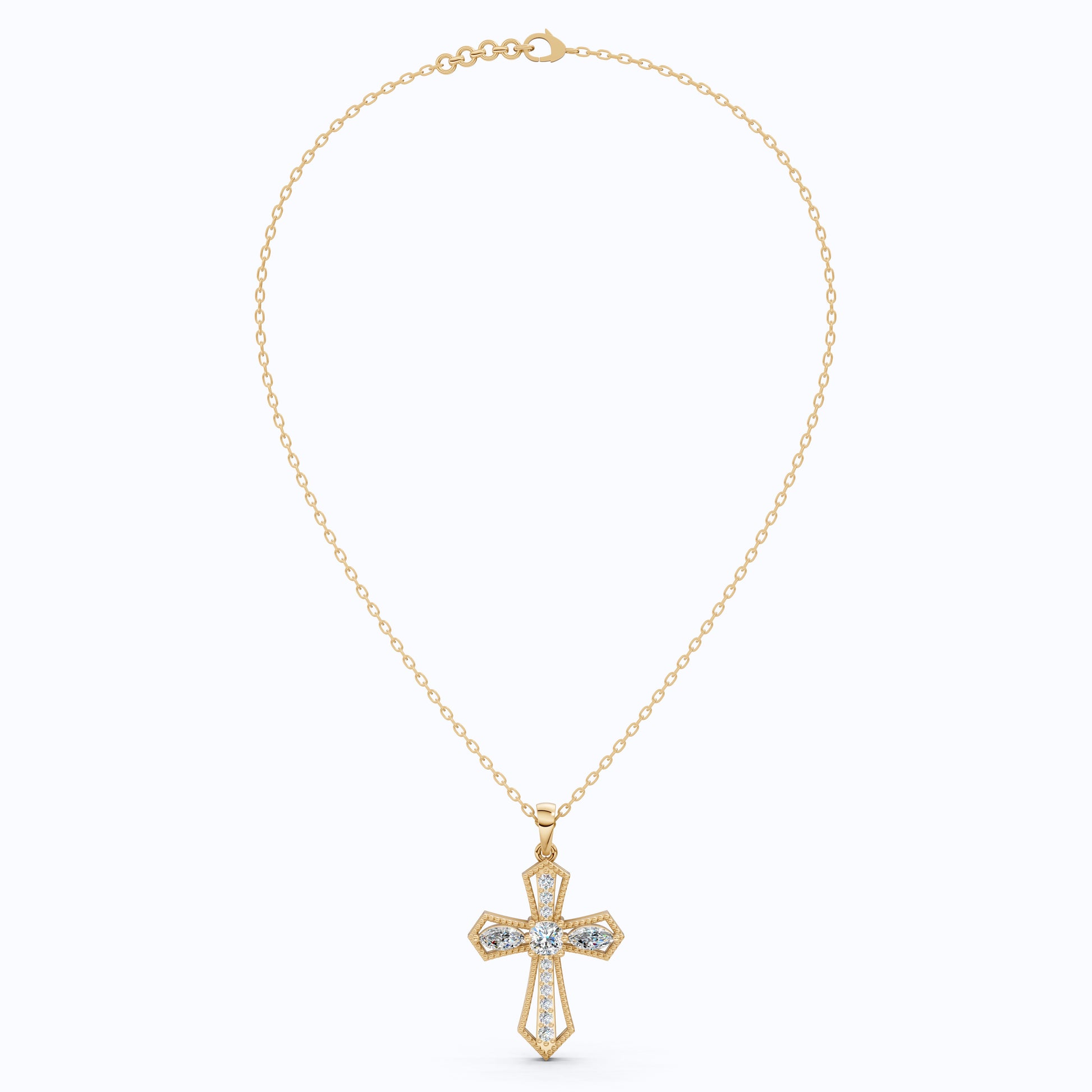 Elegant Milgrain Cross Pendant in 14K Solid Gold, 0.99 TCW Marquise/Round Cut Lab Created Diamonds, Faith Jewelry, Baptism Gift