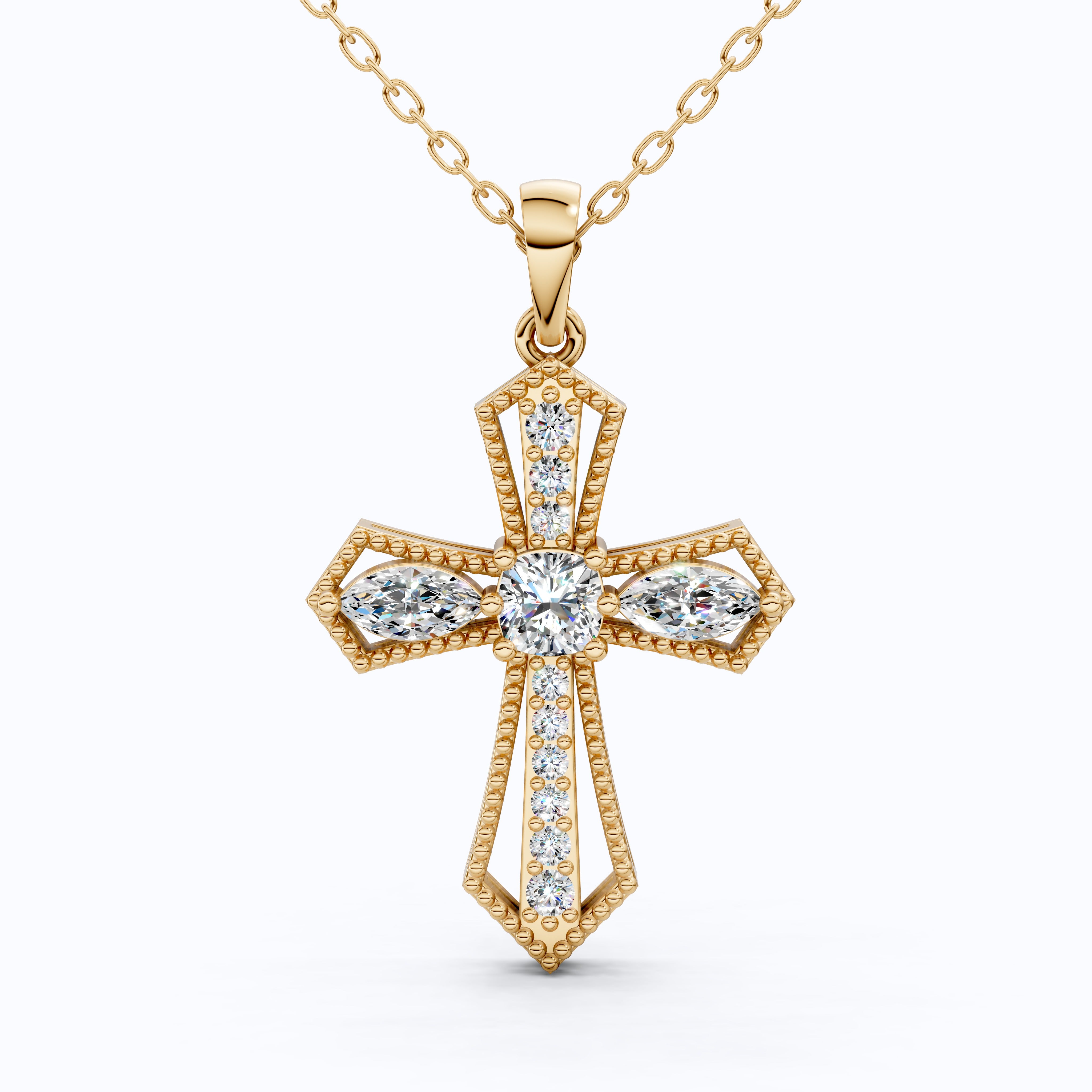 Elegant Milgrain Cross Pendant in 14K Solid Gold, 0.99 TCW Marquise/Round Cut Lab Created Diamonds, Faith Jewelry, Baptism Gift