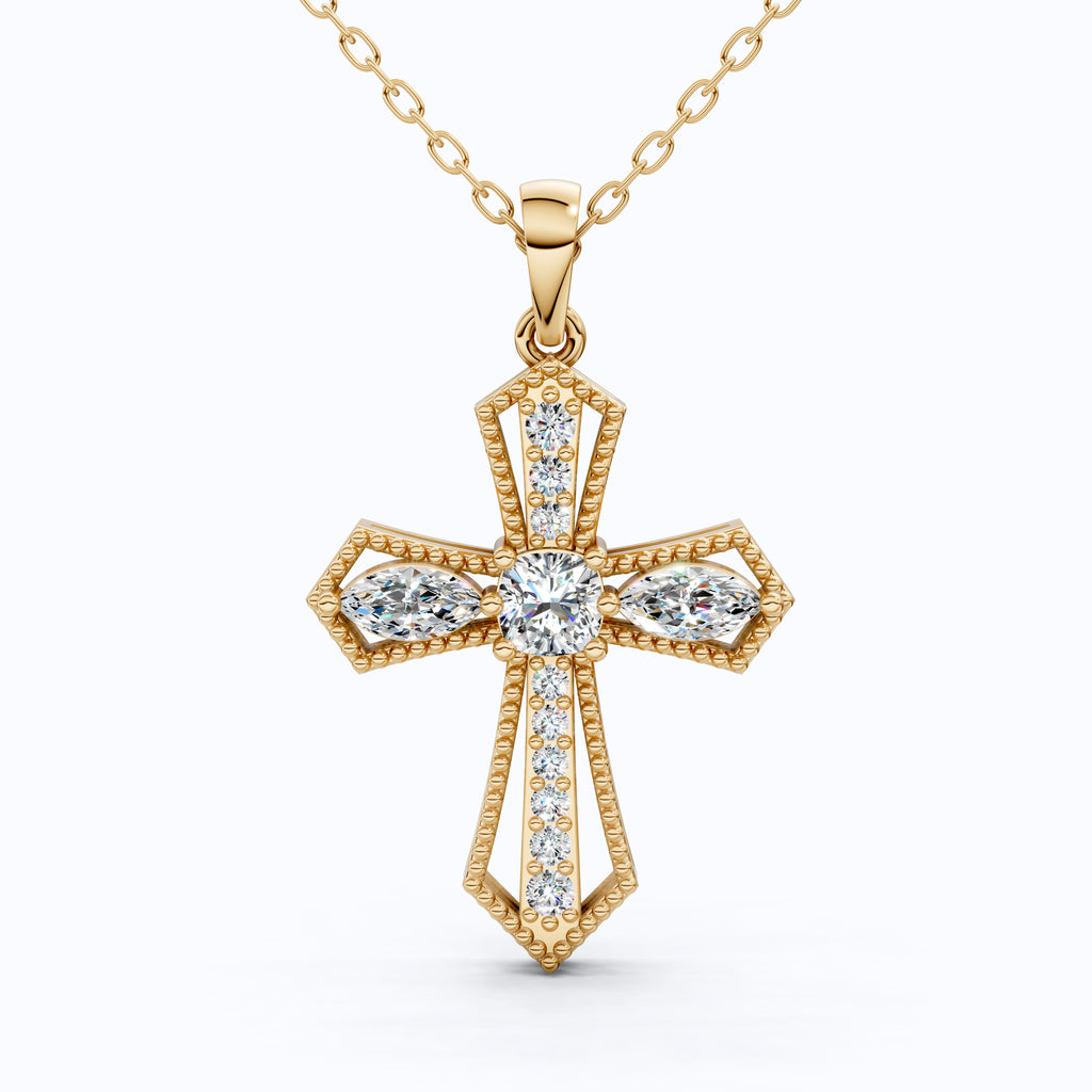 Elegant Milgrain Cross Pendant in 14K Solid Gold, 0.99 TCW Marquise/Round Cut Lab Created Diamonds, Faith Jewelry, Baptism Gift