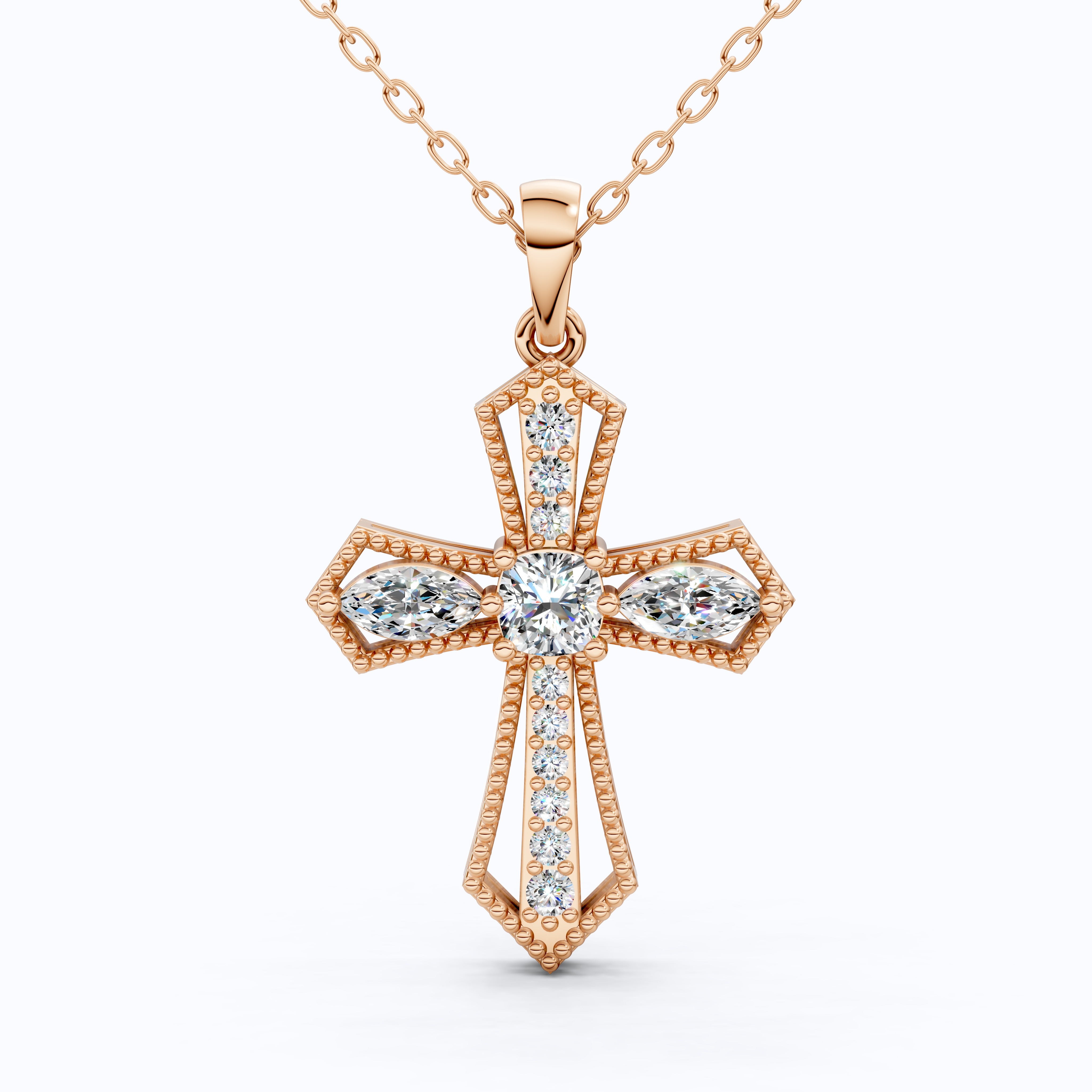 Elegant Milgrain Cross Pendant in 14K Solid Gold, 0.99 TCW Marquise/Round Cut Lab Created Diamonds, Faith Jewelry, Baptism Gift